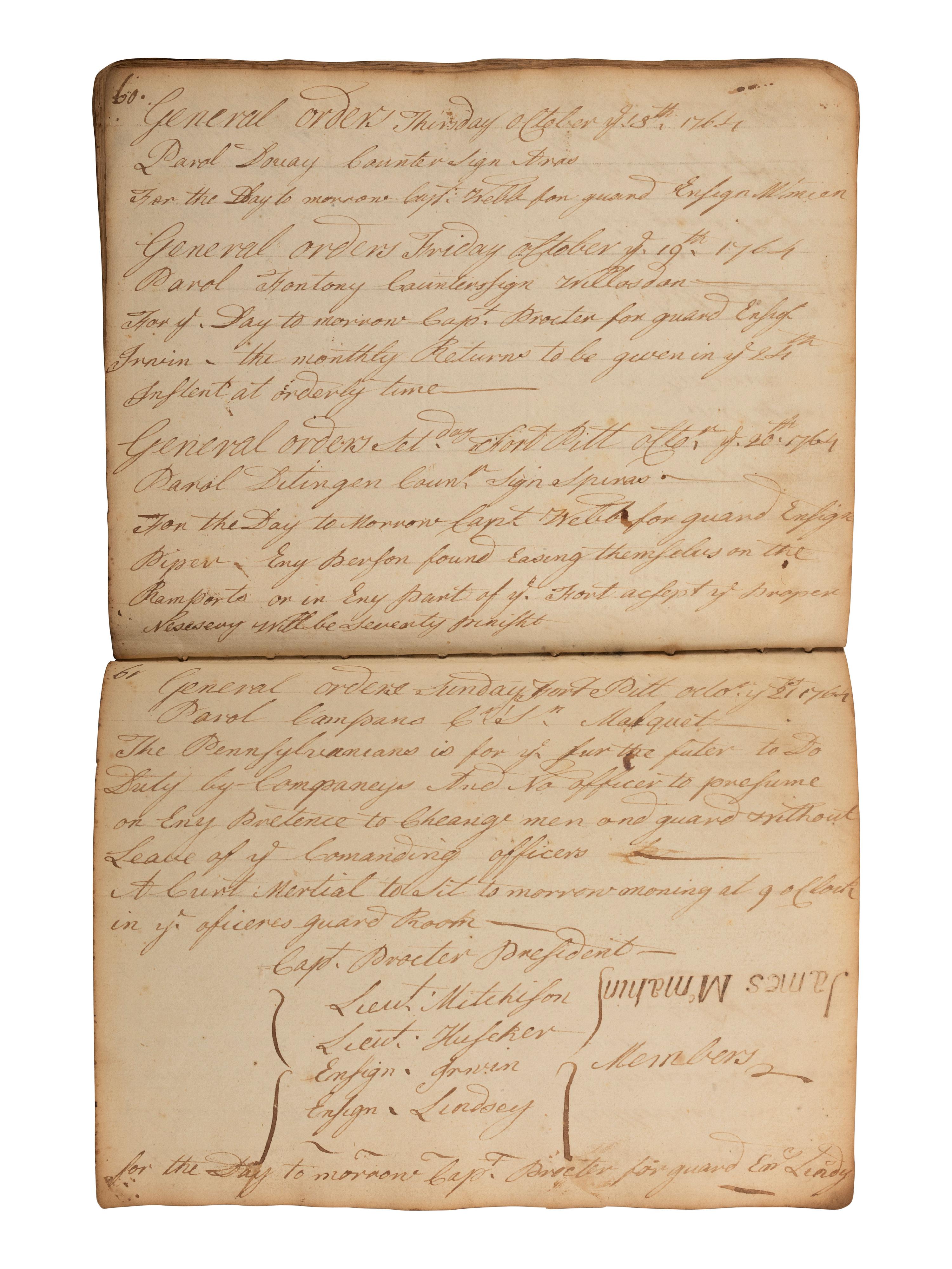 [PONTIAC'S WAR]. Manuscript orderly book chronicling the daily march of Colonel Henry Bouquet's force of British, Pennsylvania and Virginia volunteers. August-November, 1764.