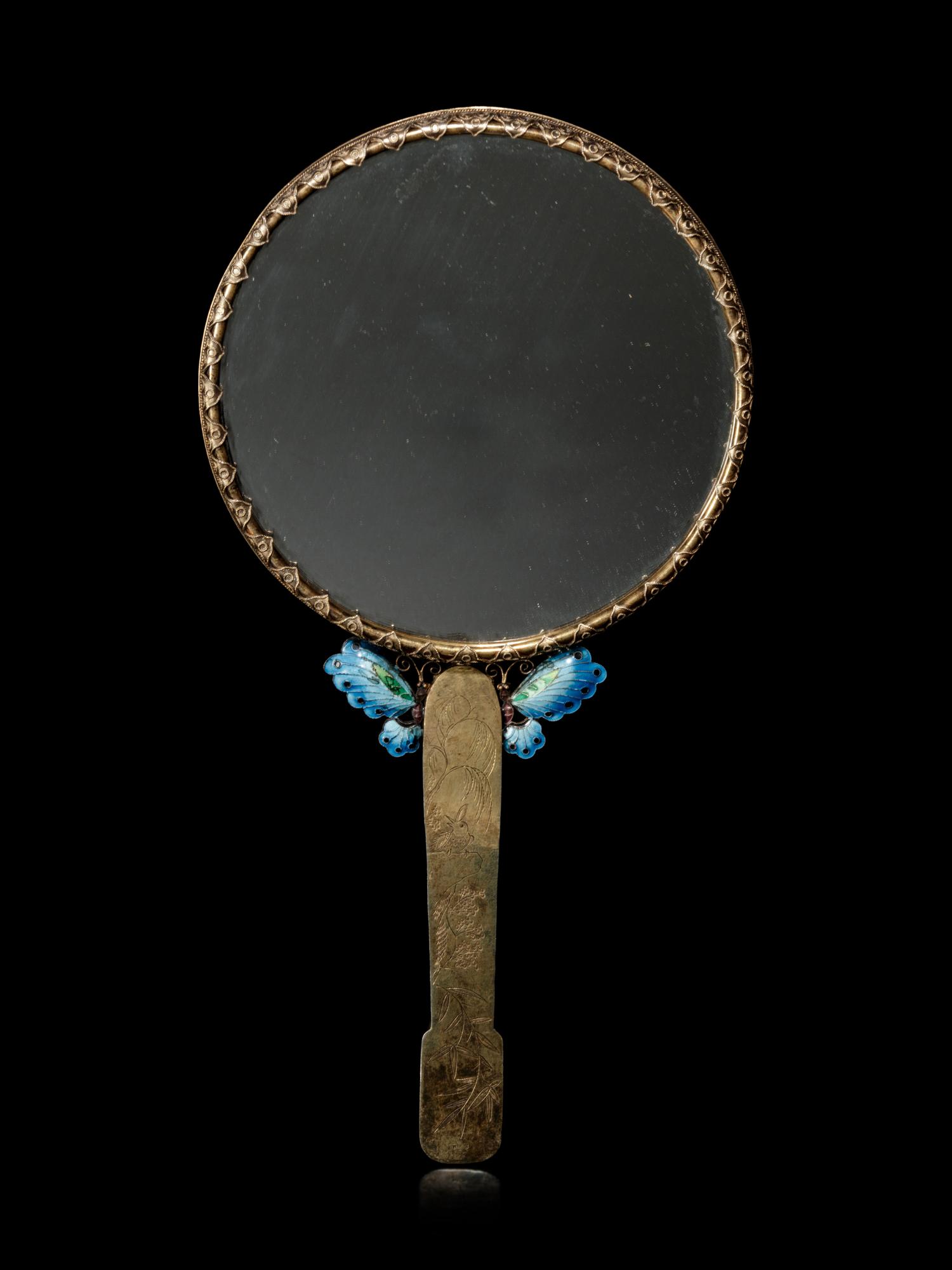 A Jade, Jadeite and Hardstone Inset Filigree and Enameled Hand Mirror