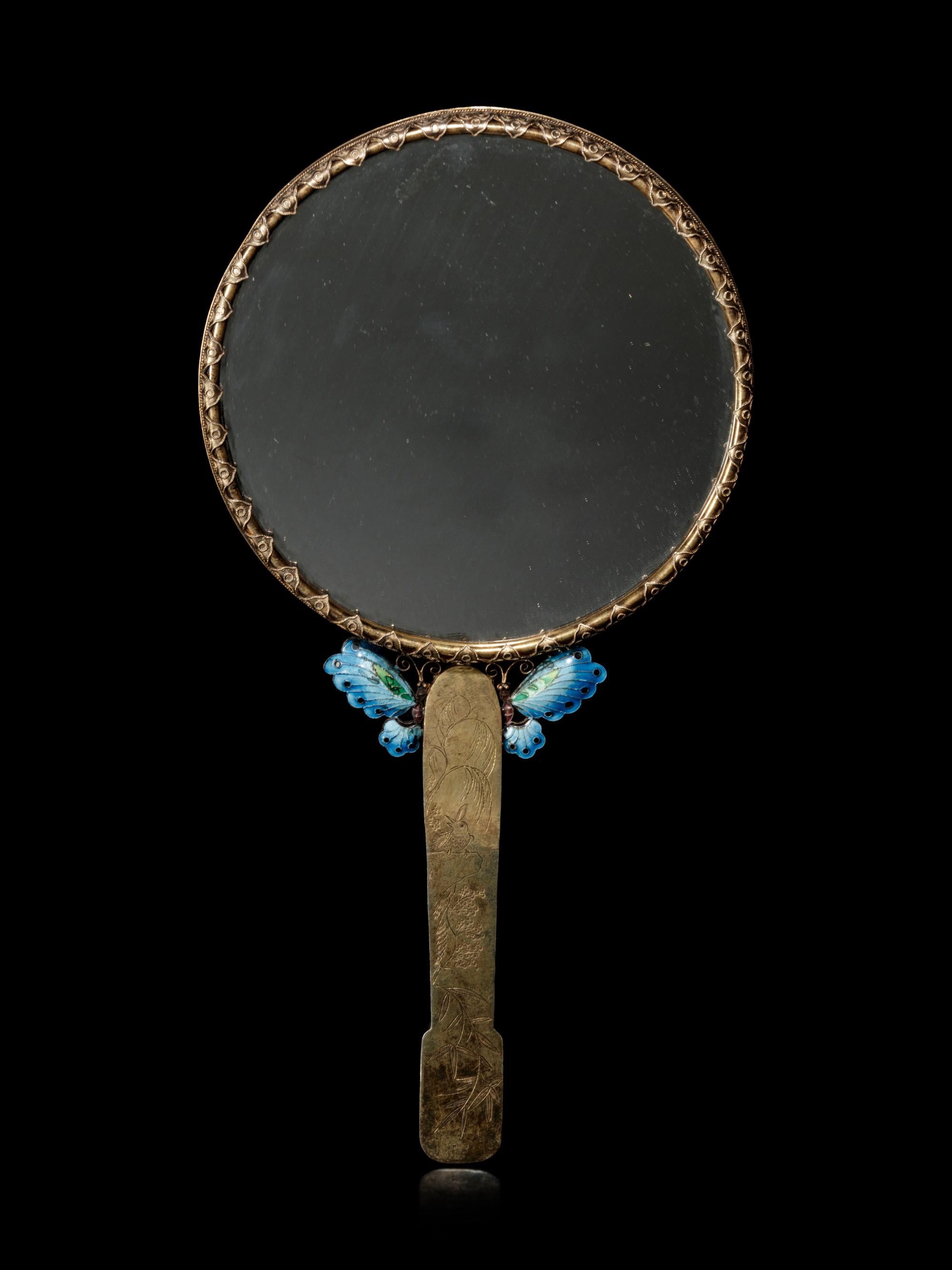 A Jade, Jadeite and Hardstone Inset Filigree and Enameled Hand Mirror