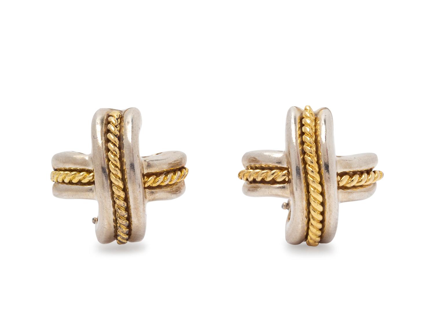 A Pair of Sterling Silver and 18 Karat Yellow Gold 'X' Earclips, Tiffany & Co., Circa 1990,