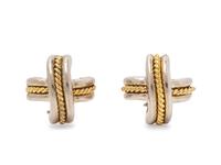 A Pair of Sterling Silver and 18 Karat Yellow Gold 'X' Earclips, Tiffany & Co., Circa 1990,