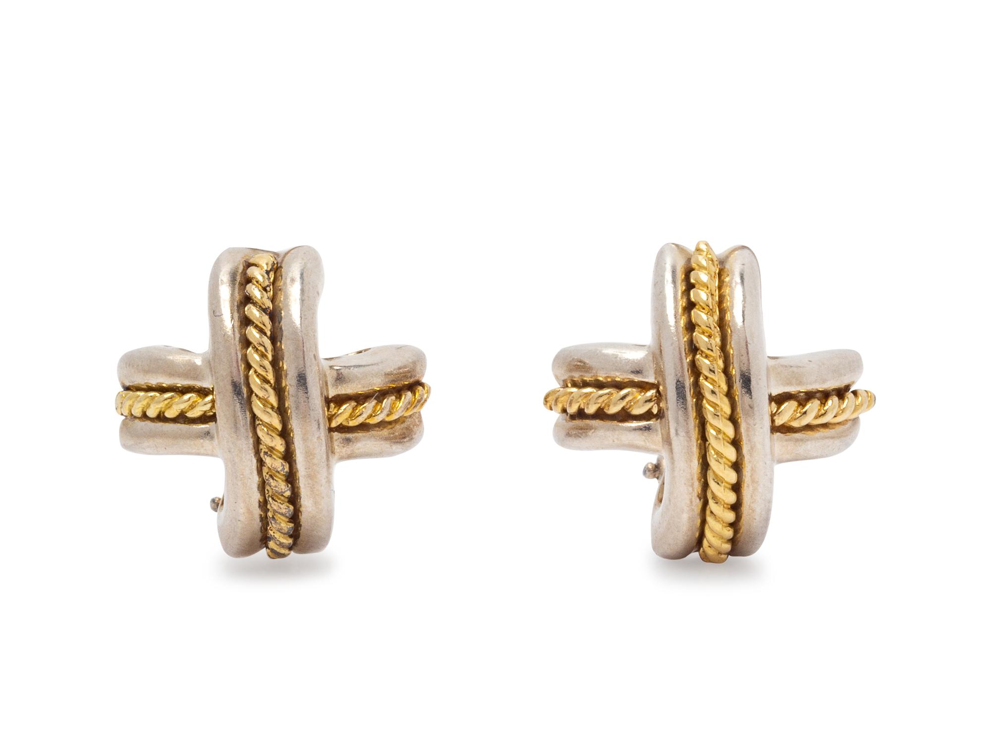 A Pair of Sterling Silver and 18 Karat Yellow Gold 'X' Earclips, Tiffany & Co., Circa 1990,