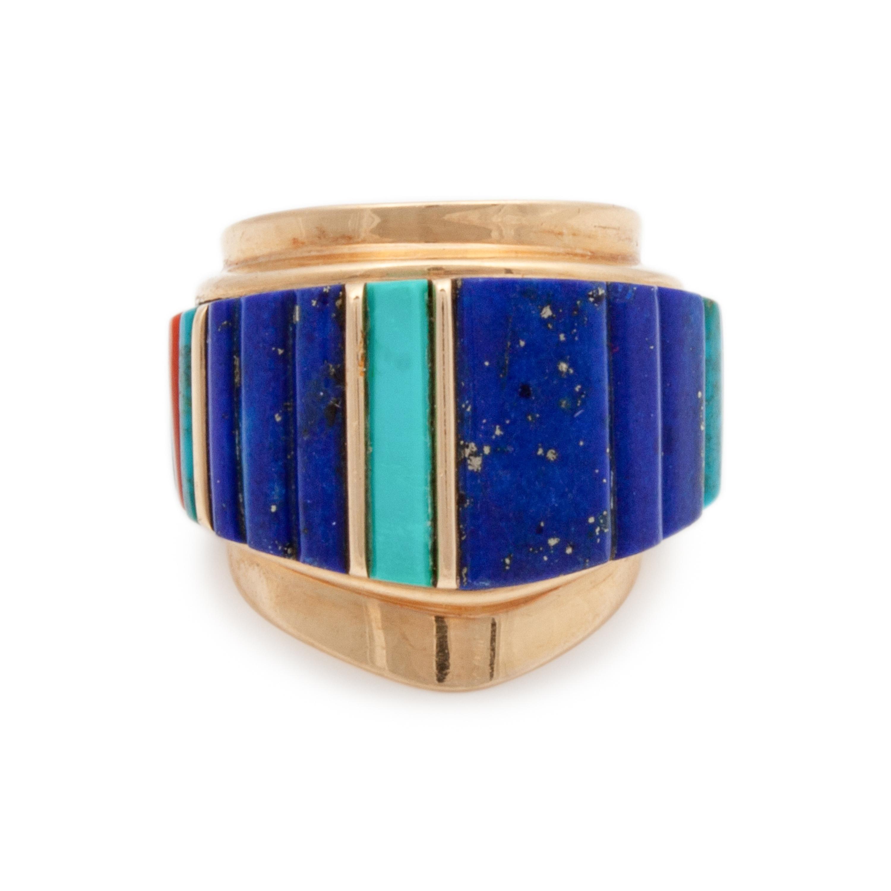 14k Gold with Turquoise, Lapis, and Coral Cobblestone Inlay Ring Lot is located and will ship from Denver, Colorado