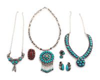 Navajo and Zuni Silver Jewelry, with Cluster Inlay