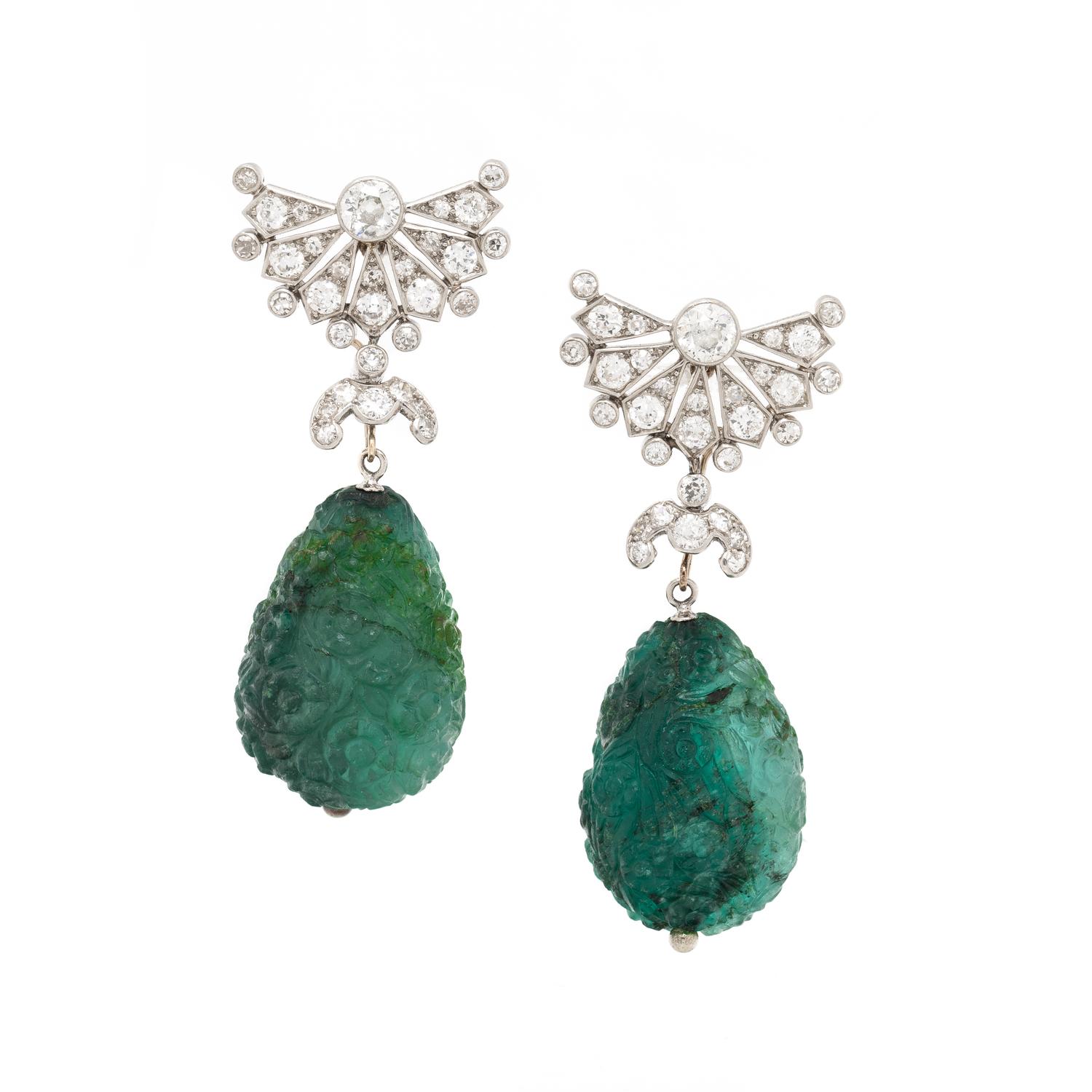 CARTIER, NATURAL PEARL AND DIAMOND EARRINGS WITH ADDITIONAL CARVED EMERALD DROPS