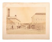 [CIVIL WAR]. Albumen photograph of soldiers and civilian at Fort Warren. Georges Island, MA. 1861.