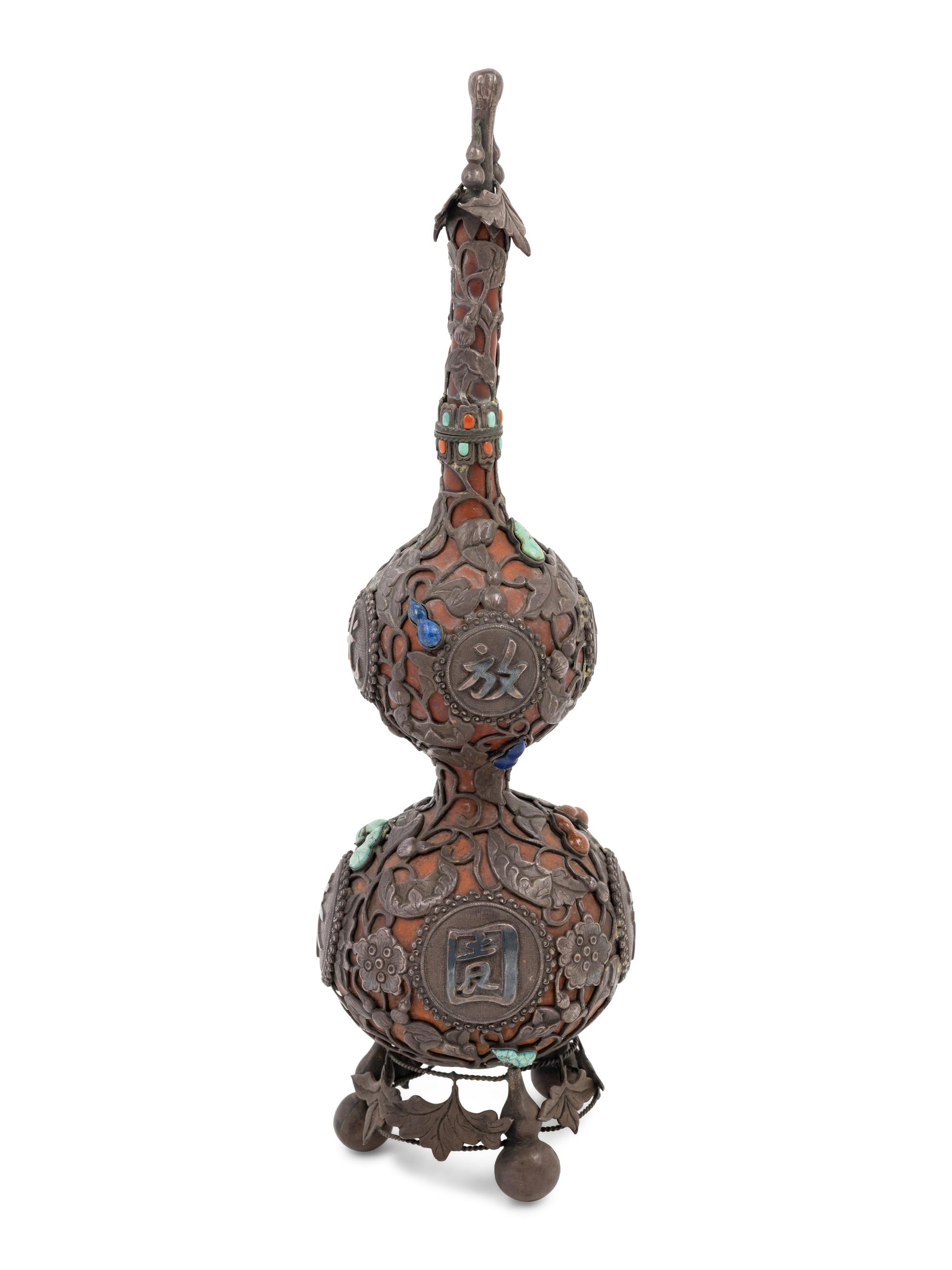 A Chinese Metal and Hardstone Inlaid Double Gourd