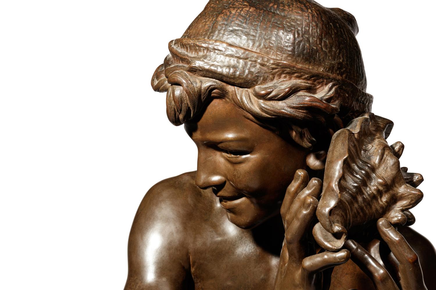 Jean-Baptiste Carpeaux (French, 1827-1875) | 19th Century | Le jeune pêcheur à la coquille | bronze | signed JB Carpeaux and with Propriété Carpeaux stamp | Height 35 1/2 x width 15 5/8 x depth 18 5/8 inches.