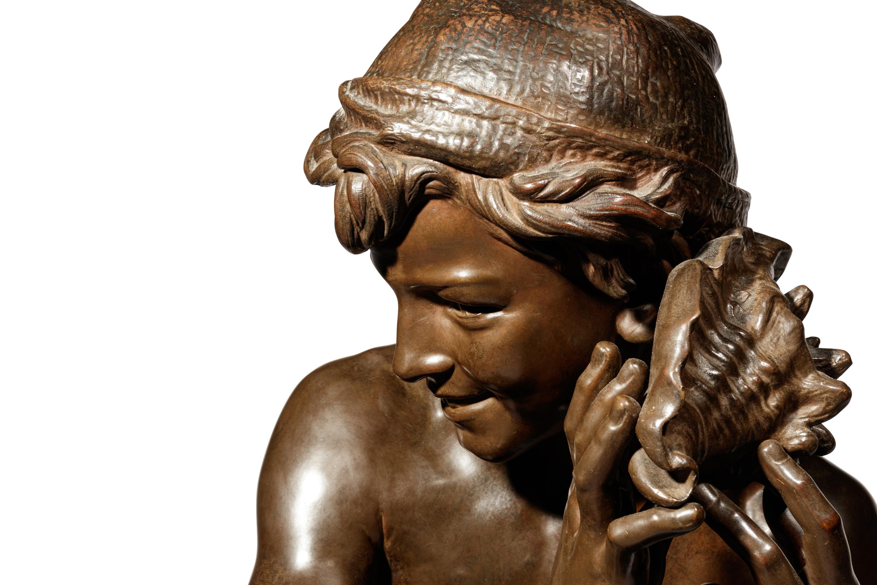 Jean-Baptiste Carpeaux (French, 1827-1875) | 19th Century | Le jeune pêcheur à la coquille | bronze | signed JB Carpeaux and with Propriété Carpeaux stamp | Height 35 1/2 x width 15 5/8 x depth 18 5/8 inches.