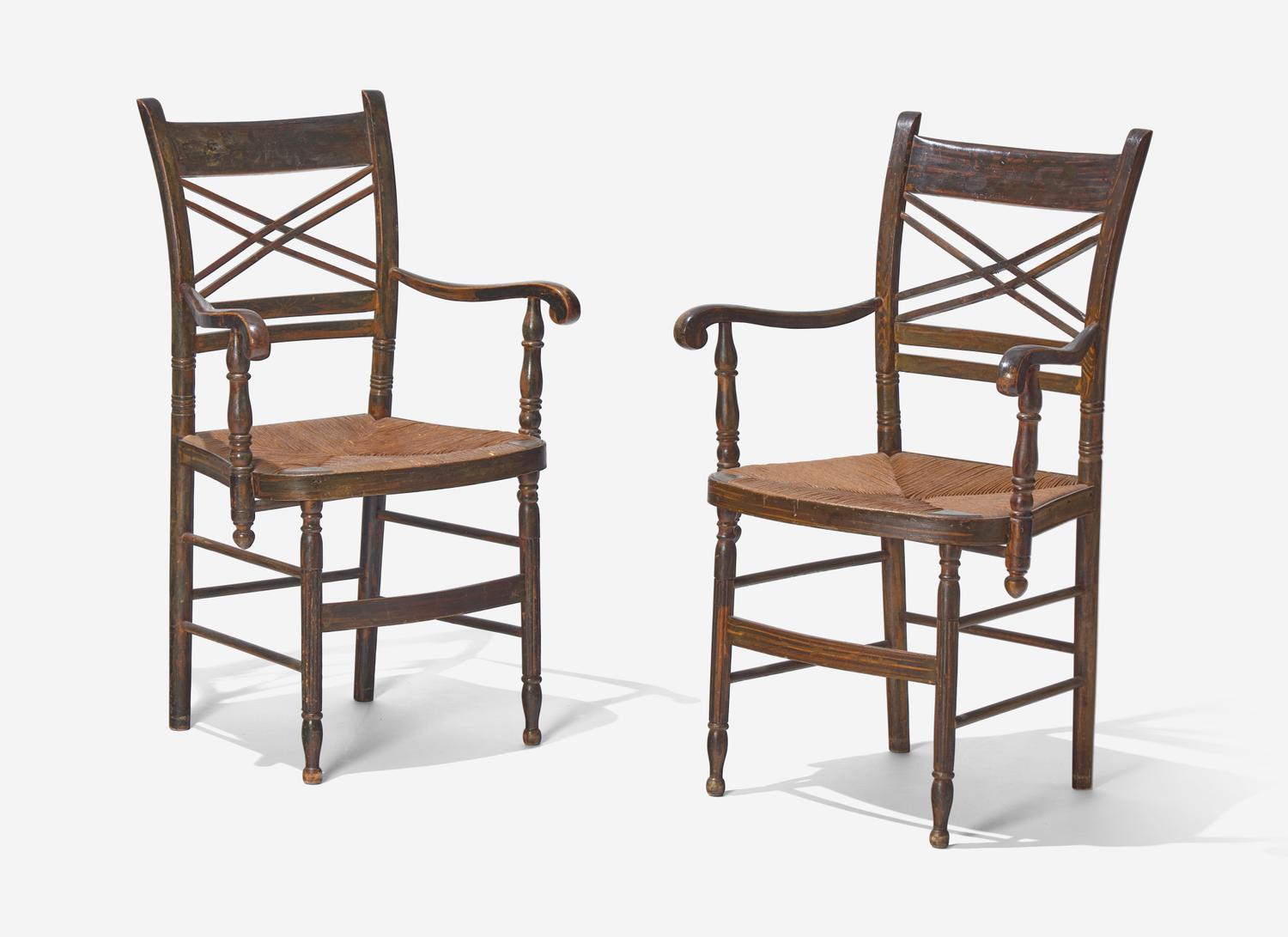 A Pair of Classical Grain Painted Rush Seat Armchairs