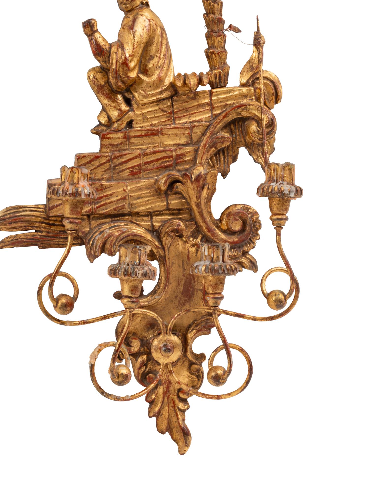 A Pair of Italian Giltwood Four-Light Sconces