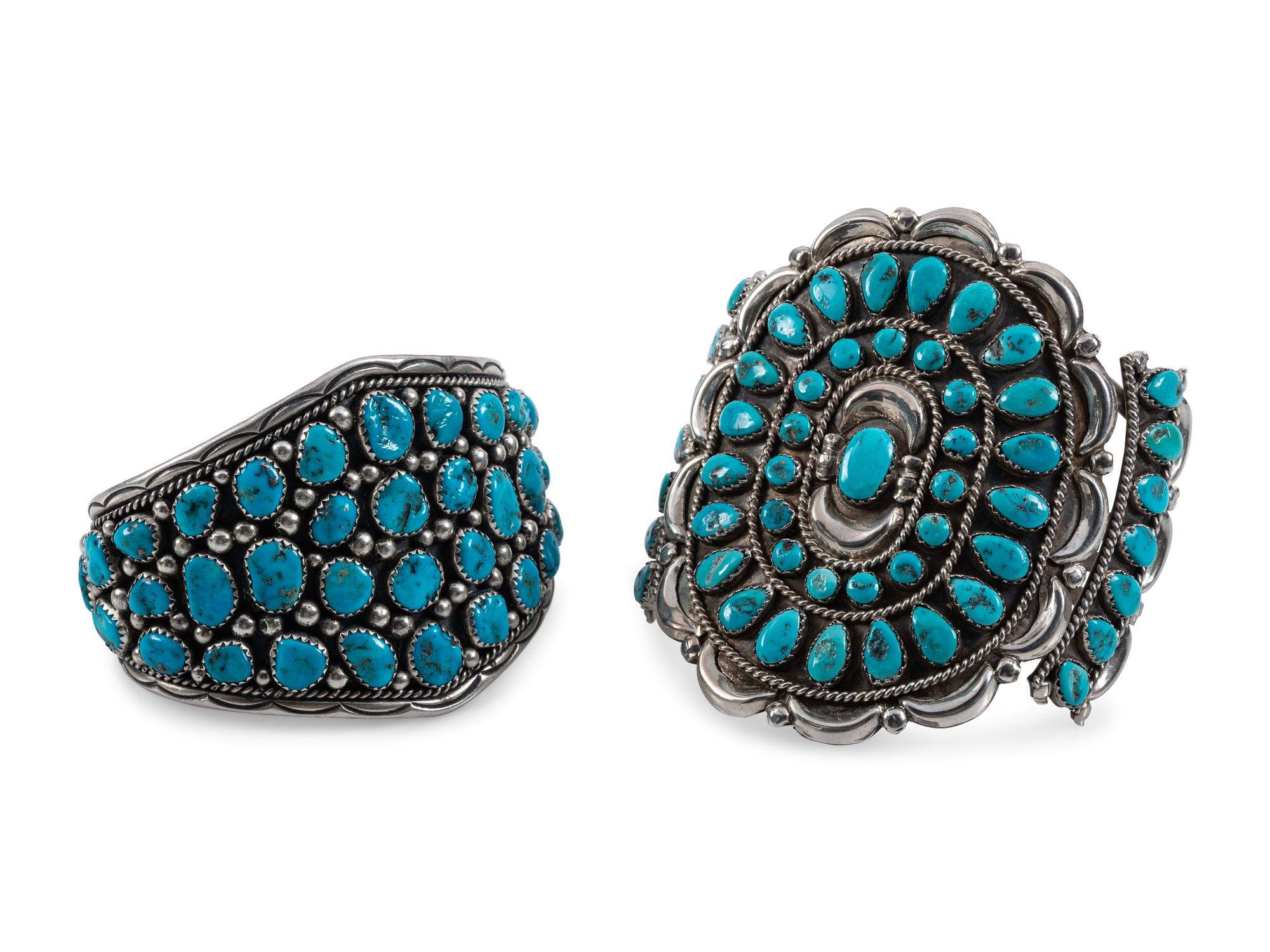 Navajo Silver and Turquoise Cluster Cuff Bracelets