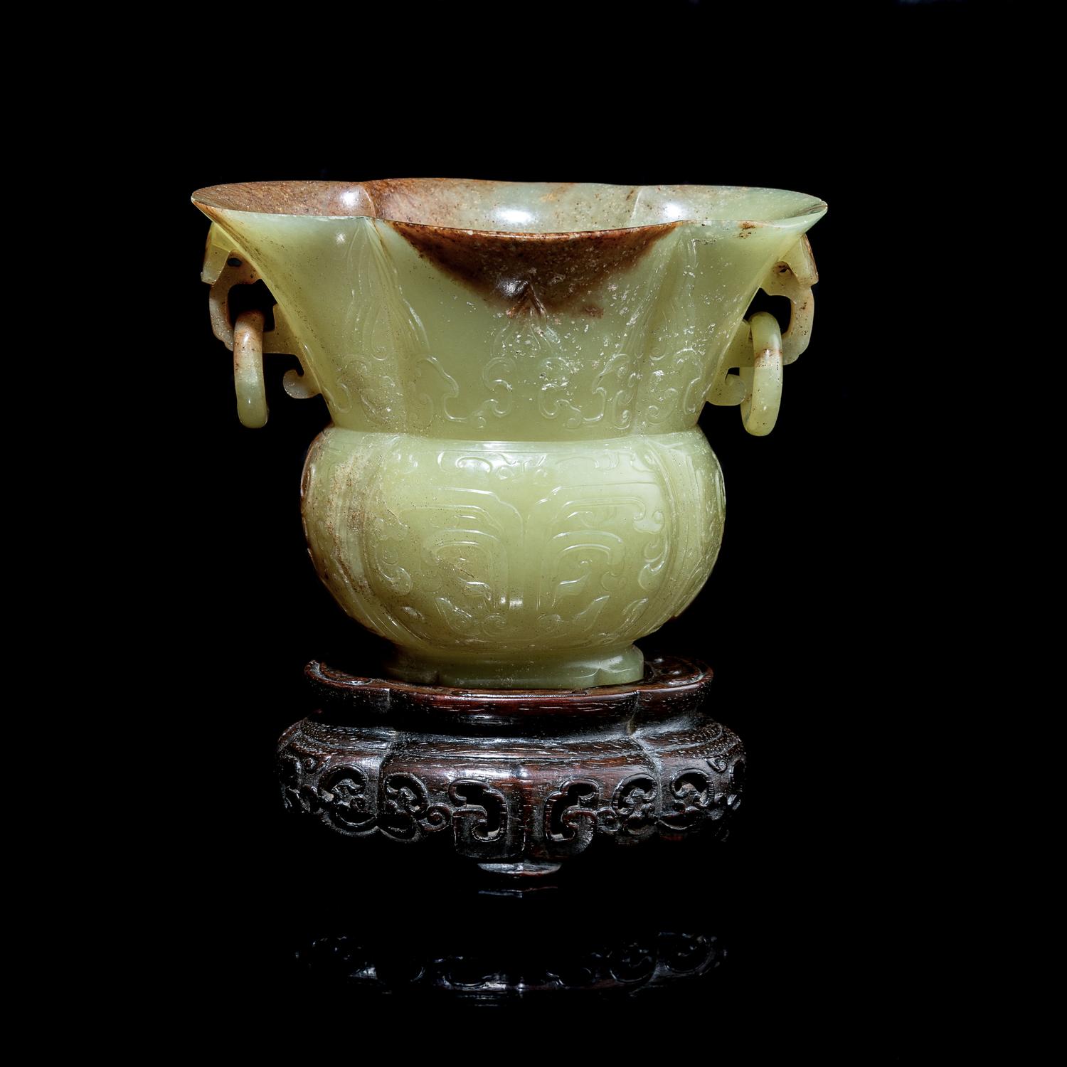 A Chinese Yellow Jade 'Lobed' Zun Vase 黃玉仿古饕餮紋海棠尊