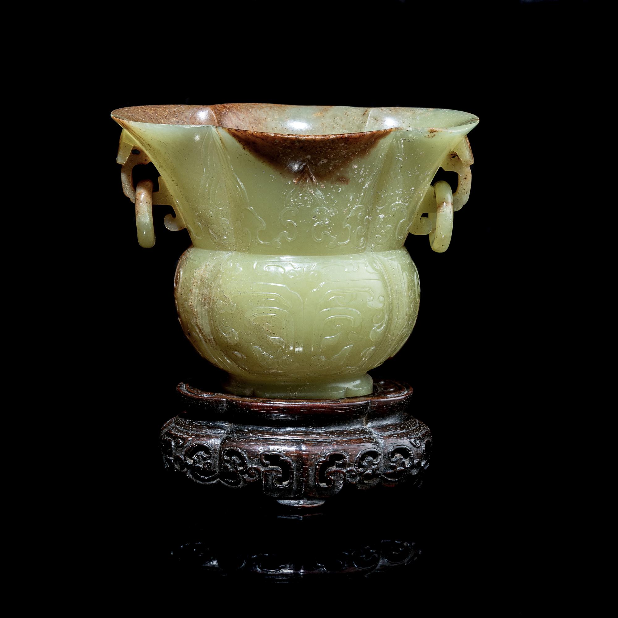 A Chinese Yellow Jade 'Lobed' Zun Vase 黃玉仿古饕餮紋海棠尊