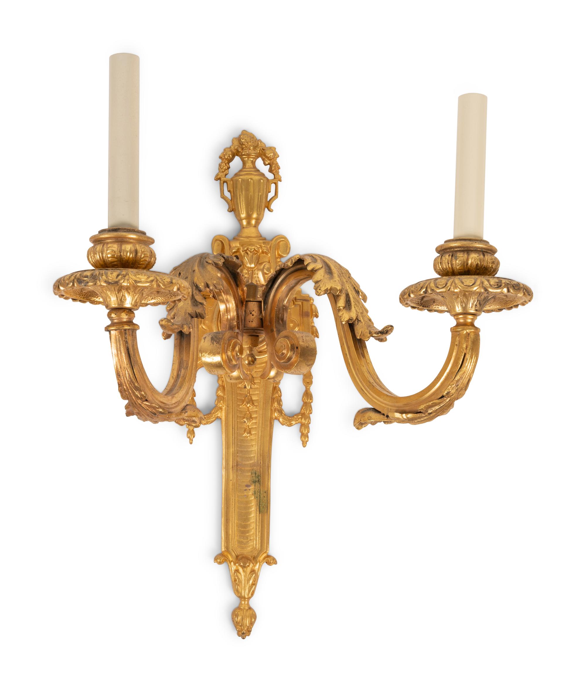 A Pair of Louis XVI Style Gilt Bronze Two-Light Sconces