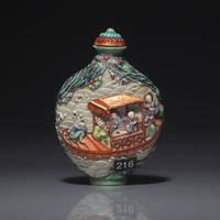 A Chinese Molded and Enameled Porcelain Snuff Bottle, Jiaqing Mark and Probably of the Period 嘉慶款 粉彩凸雕赤壁賦鼻烟壺