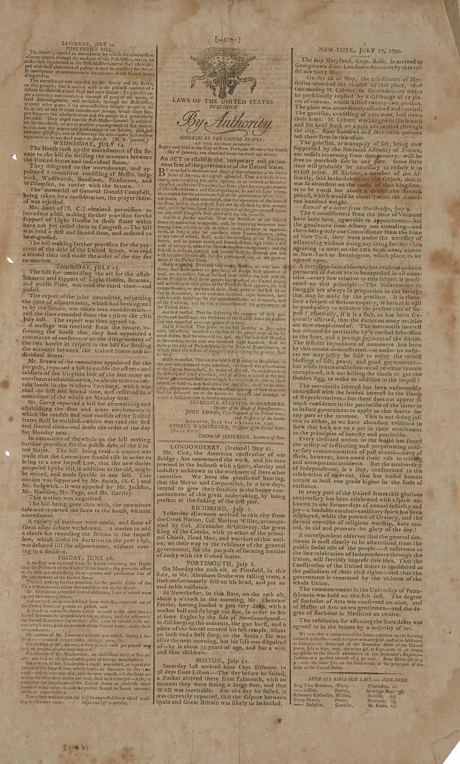 [Washington, D.C.] The First Newspaper Printing of the Residence Act of 1790, Establishing Washington, D.C. as the Capital City, in the Gazette of the United States