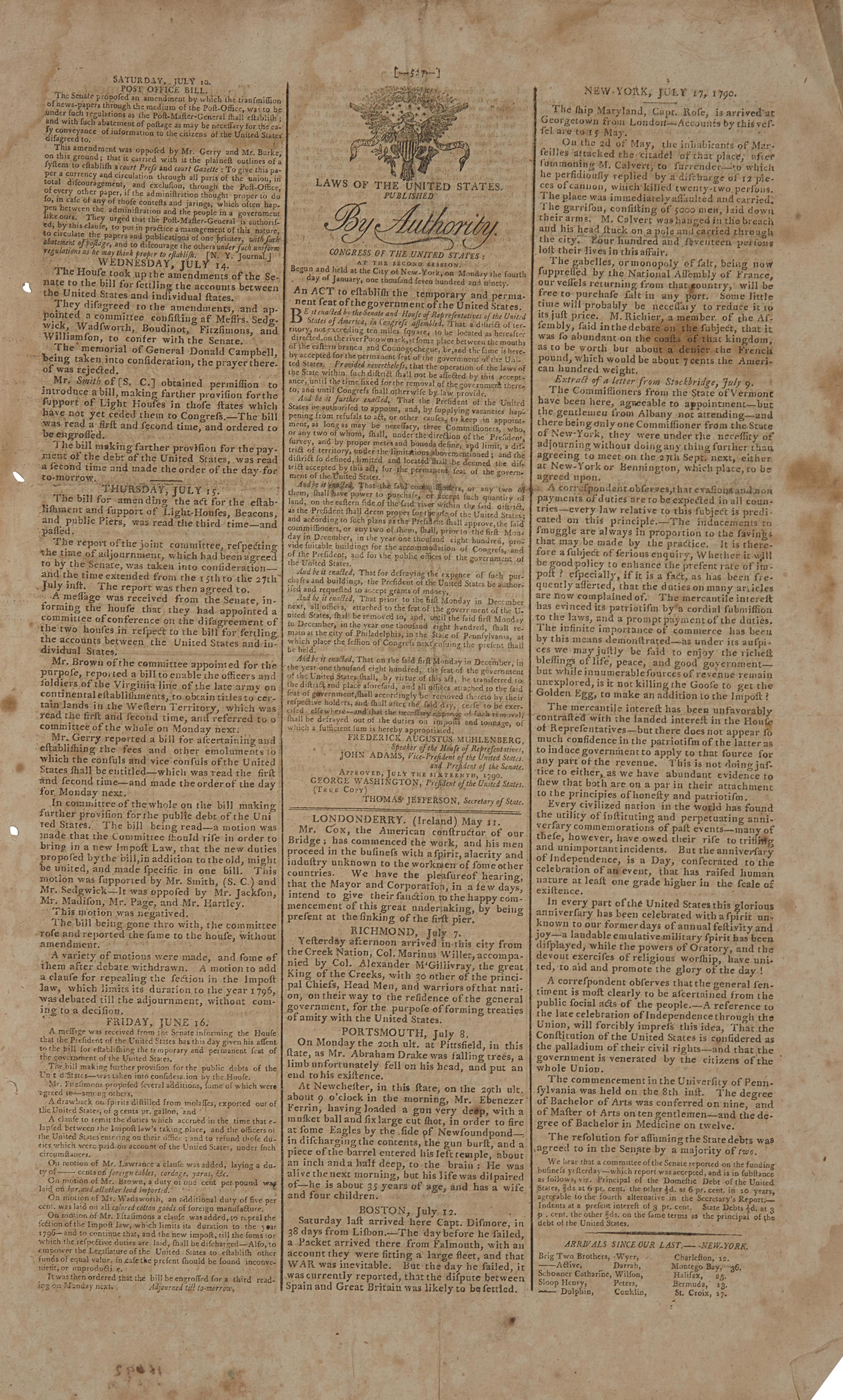 [Washington, D.C.] The First Newspaper Printing of the Residence Act of 1790, Establishing Washington, D.C. as the Capital City, in the Gazette of the United States