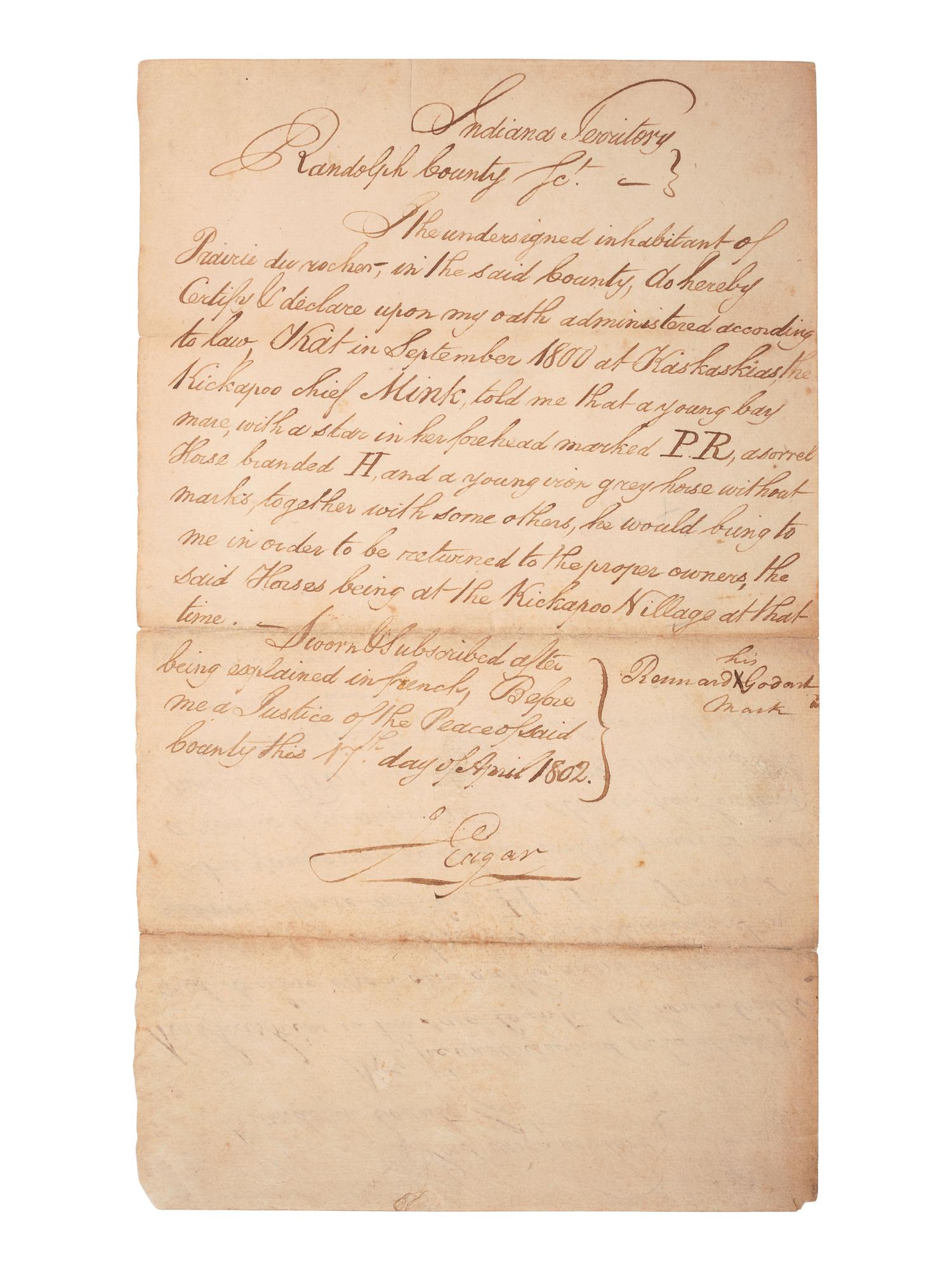 [NATIVE AMERICANS]. EDGAR, James. 2 Documents signed ("J Edgar"). Randolph County, Indiana Territory, 17 April 1802.
