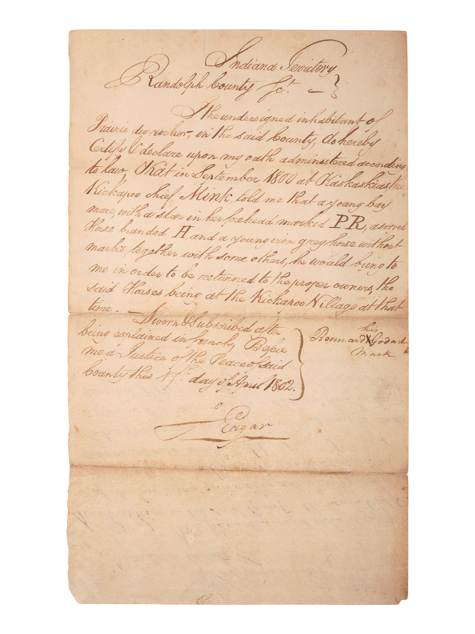 [NATIVE AMERICANS]. EDGAR, James. 2 Documents signed ("J Edgar"). Randolph County, Indiana Territory, 17 April 1802.