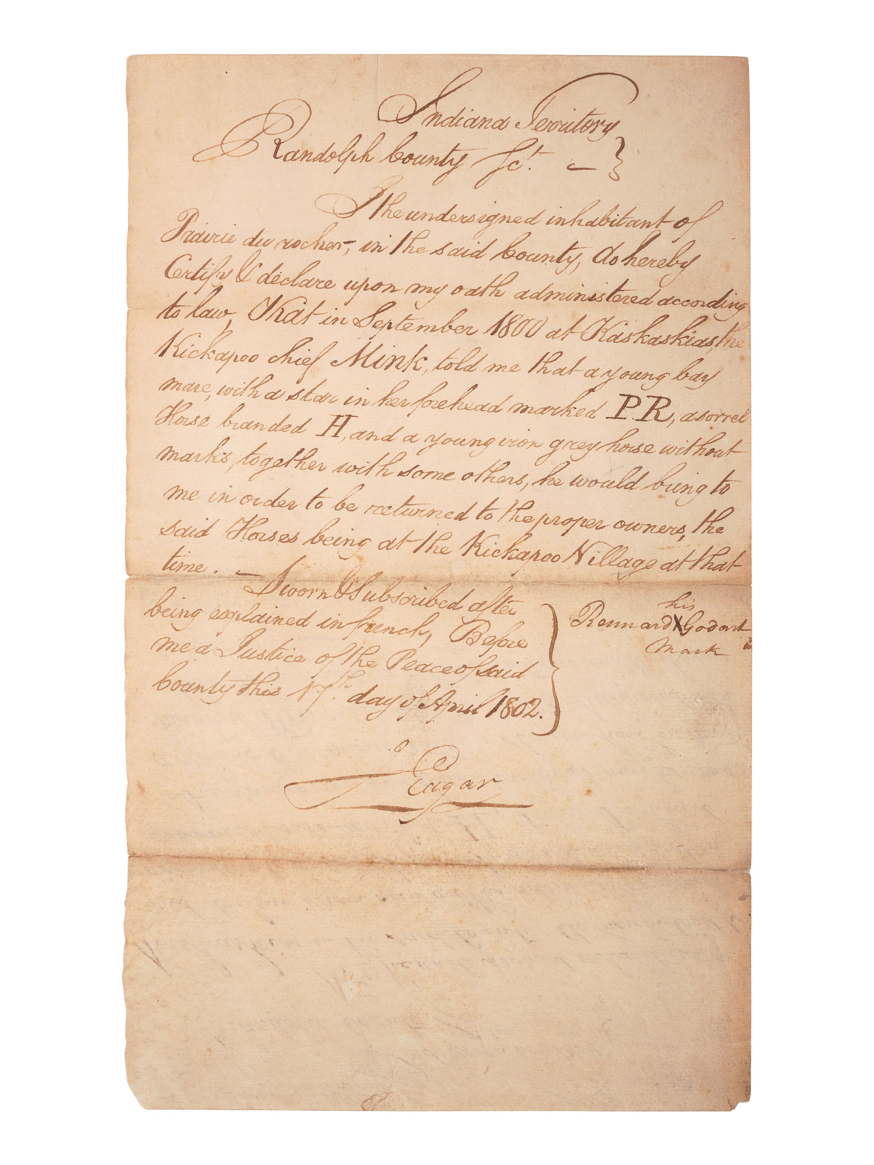 [NATIVE AMERICANS]. EDGAR, James. 2 Documents signed ("J Edgar"). Randolph County, Indiana Territory, 17 April 1802.
