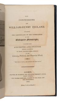 [Shakespeare, William (1564-1616)]. Ireland, Samuel (1744-1800). Miscellaneous Papers and Legal Instruments under the Hand and Seal of William Shakespeare: Including the Tragedy of King Lear and a Small Fragment of Hamlet, from the Original MSS... London: Cooper & Graham for Mr. Egerton, et al., 1796 [but Christmas Eve, 1795].