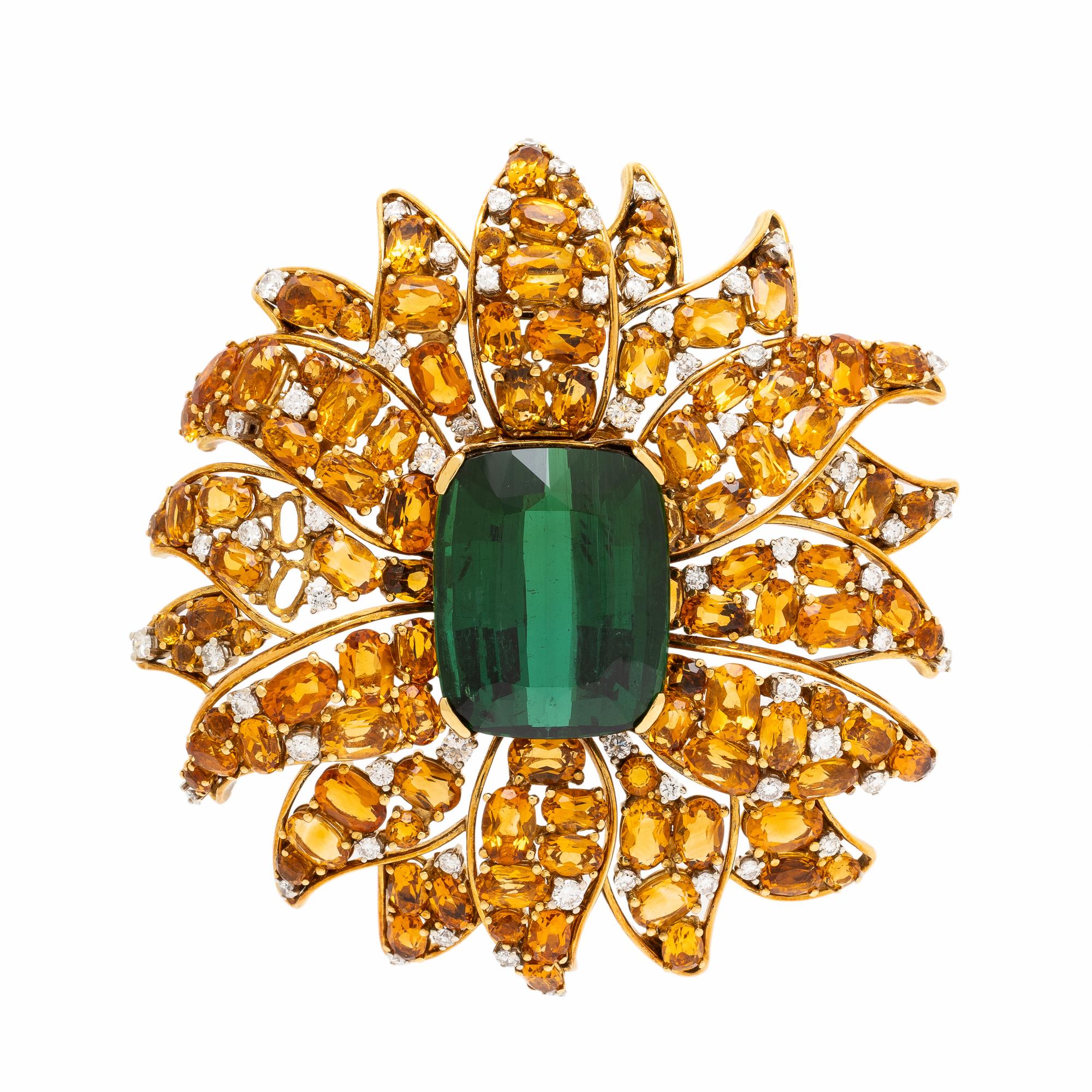 Verdura, Green Tourmaline, Citrine, and Diamond Flower Brooch