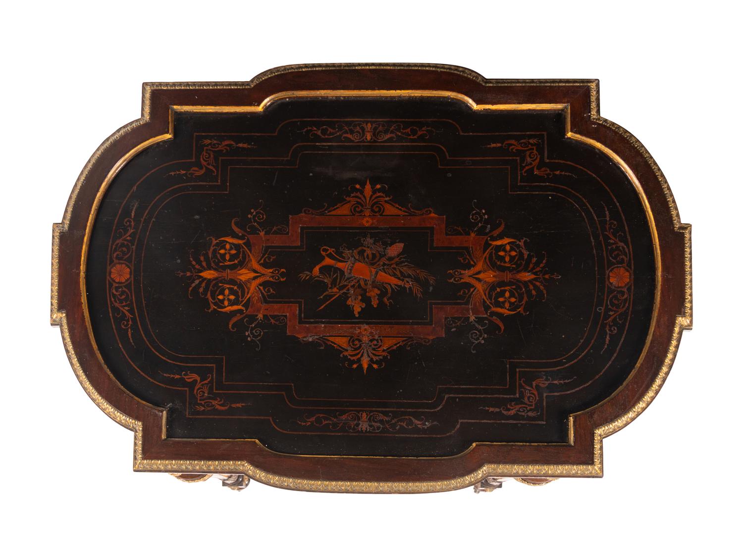 A Napoleon III Gilt Bronze Mounted Marquetry Center Table
