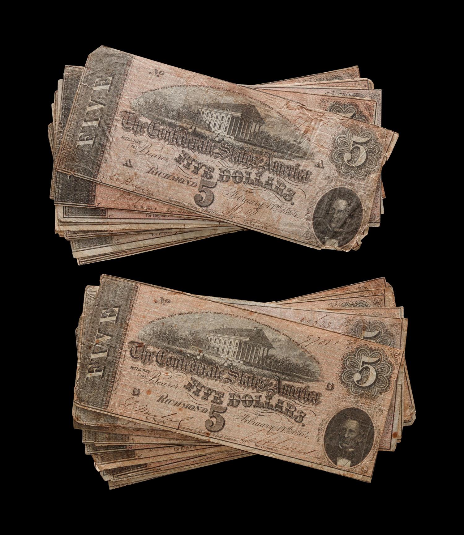 [CONFEDERATE STATES OF AMERICA] A Group of Twenty-Five 1864 T-69 $5 Notes