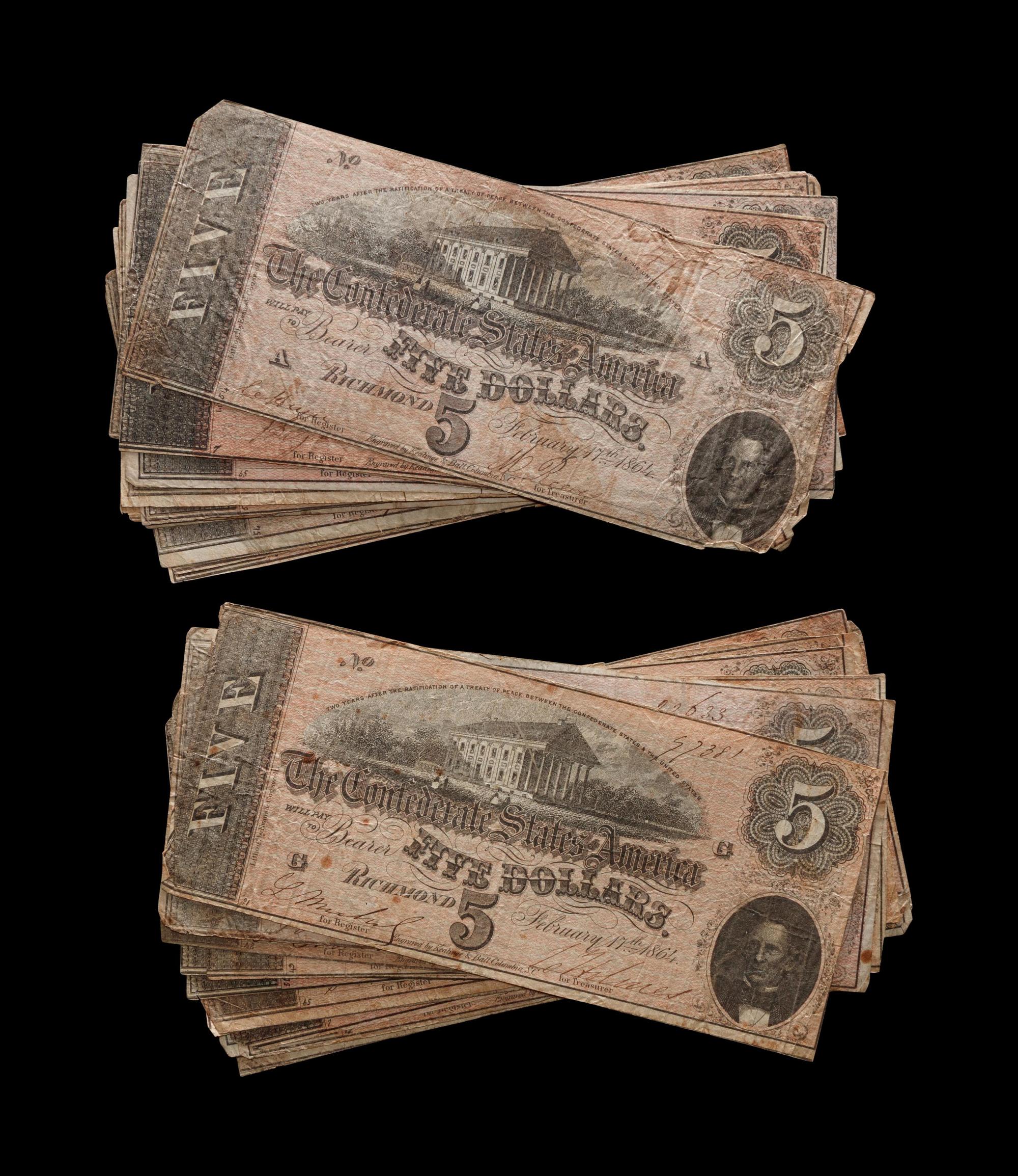 [CONFEDERATE STATES OF AMERICA] A Group of Twenty-Five 1864 T-69 $5 Notes
