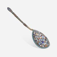 A Russian Silver Gilt Enamelled Spoon Gustav Klingert, Moscow, between 1861-1896