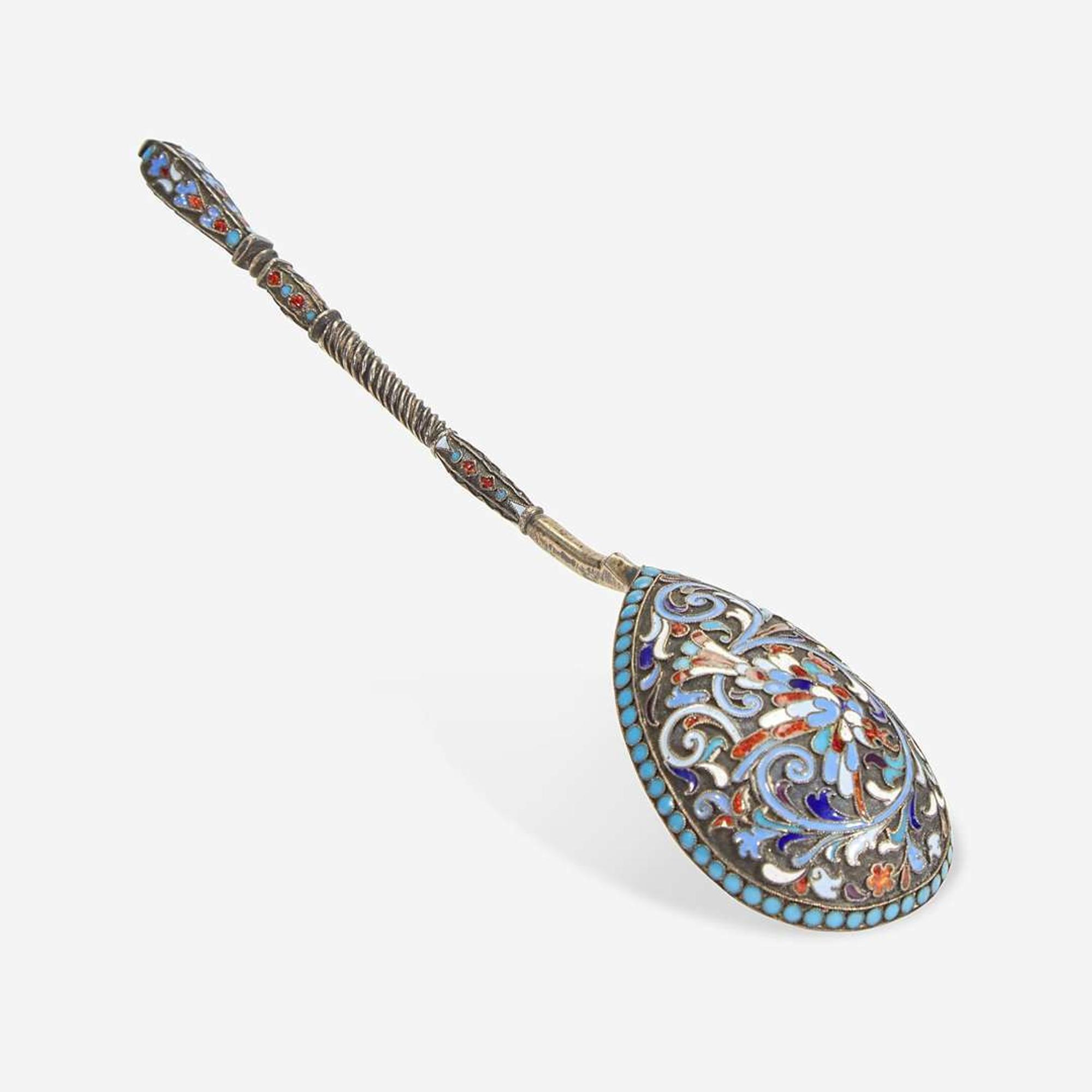 A Russian Silver Gilt Enamelled Spoon Gustav Klingert, Moscow, between 1861-1896
