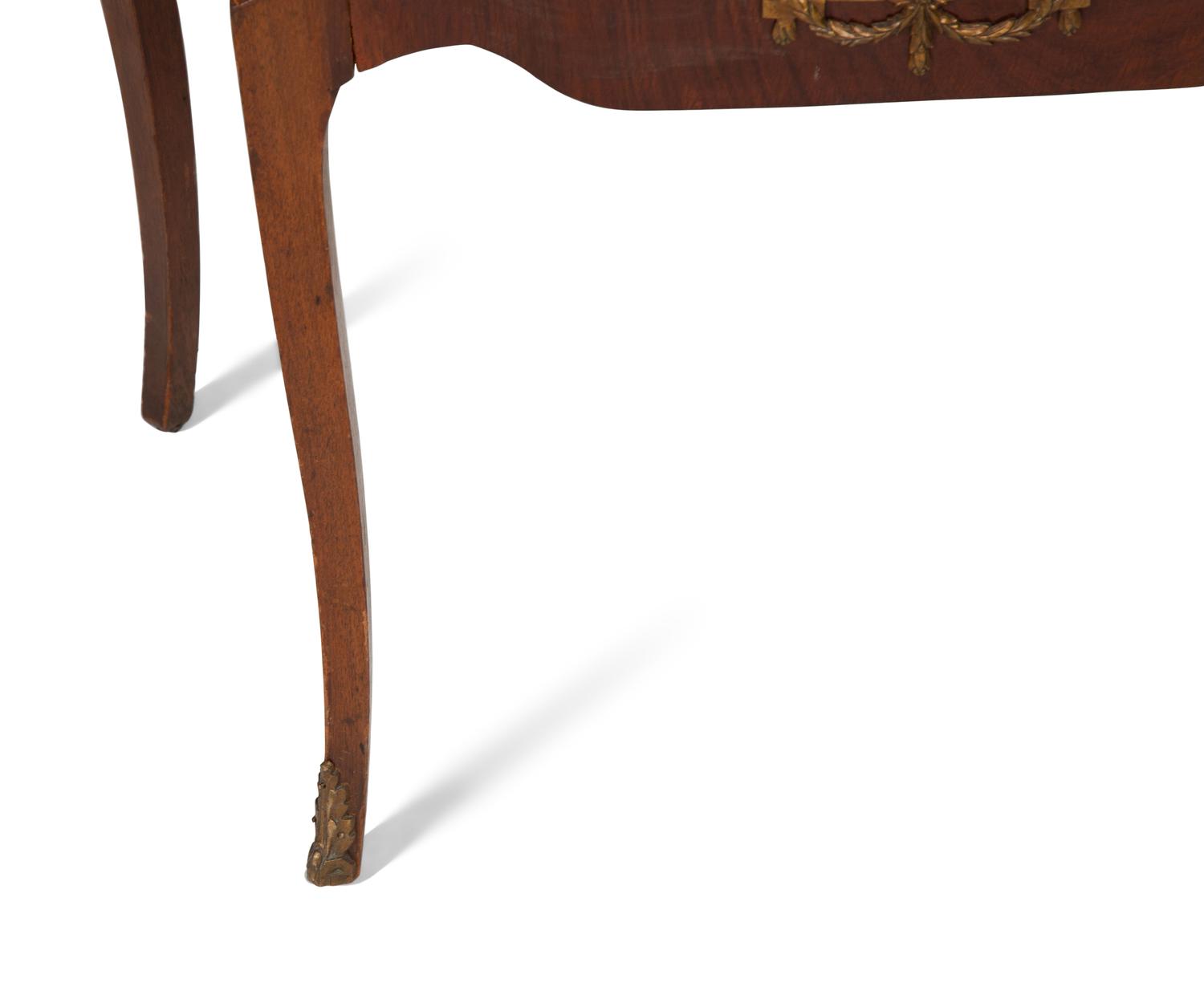 A Pair of Louis XV/XVI Transitional Style Gilt Metal Mounted Marquetry Marble-Top Side Tables
