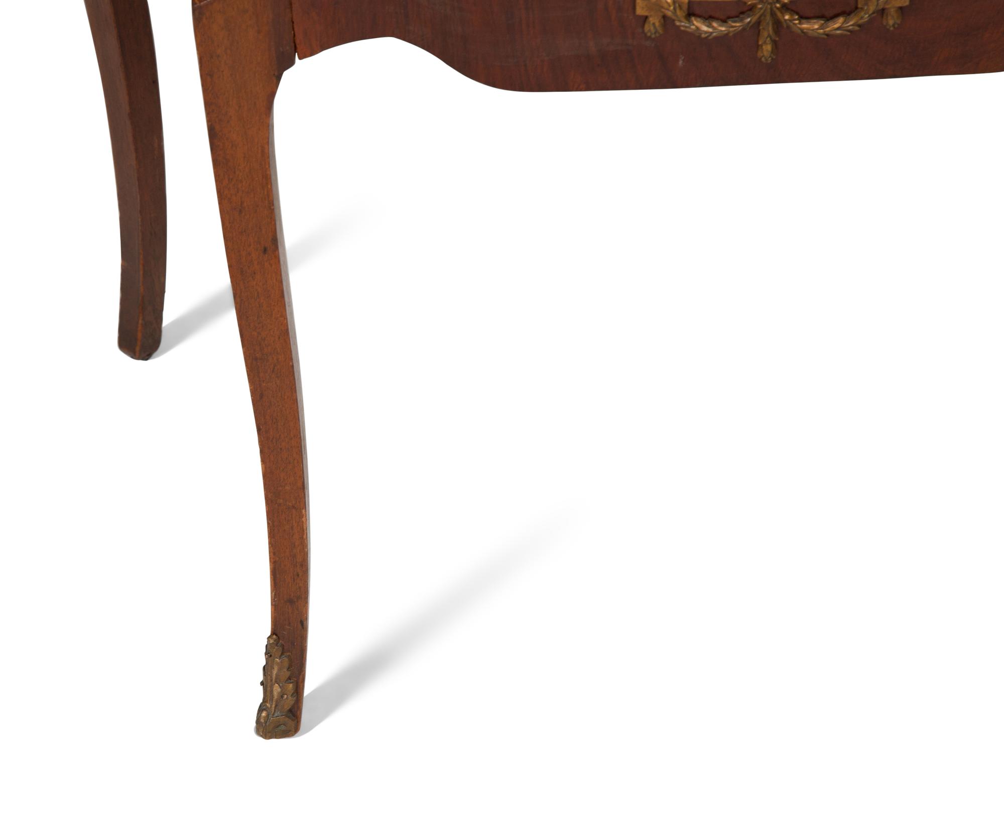 A Pair of Louis XV/XVI Transitional Style Gilt Metal Mounted Marquetry Marble-Top Side Tables