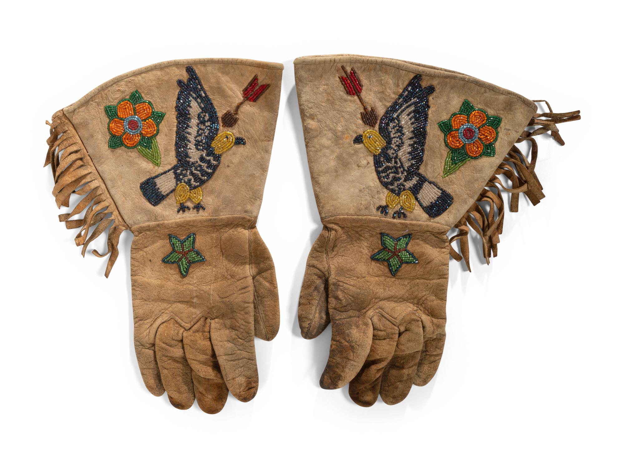 Plateau Beaded Hide Gauntlets, with Eagles and Arrows