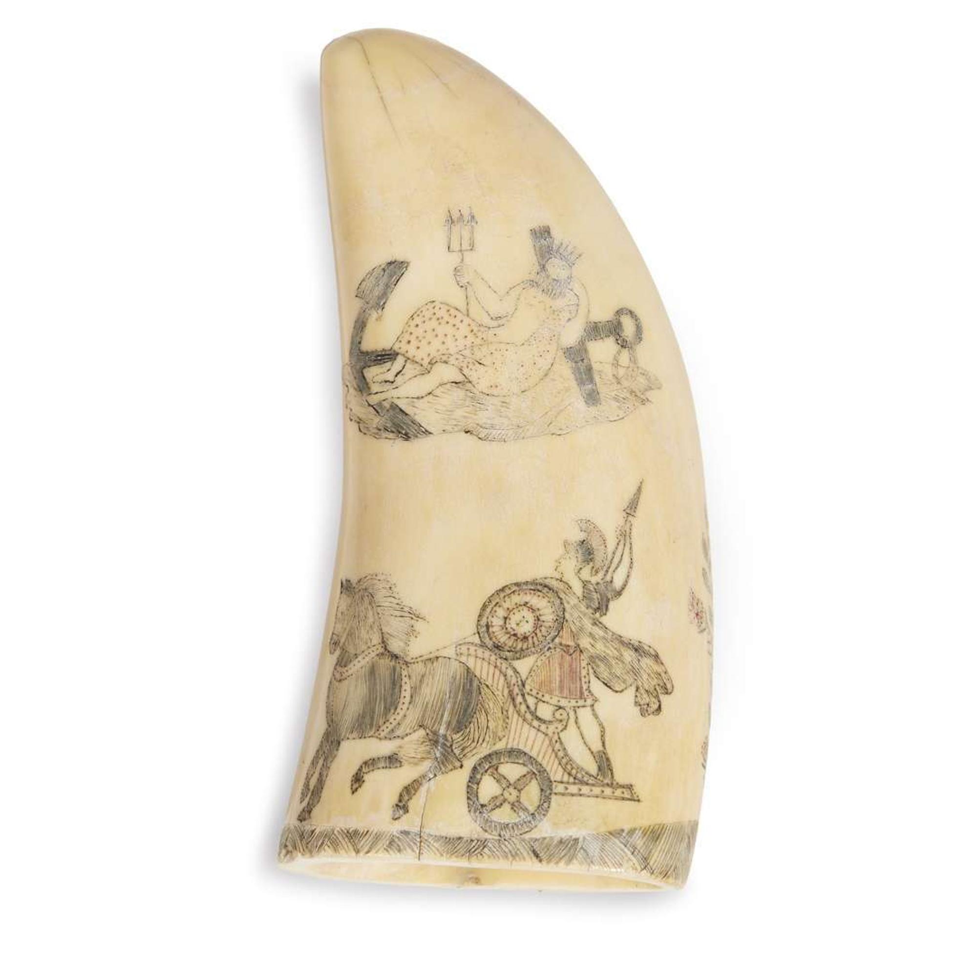 Scrimshaw-decorated and polychromed whale tooth 19th century