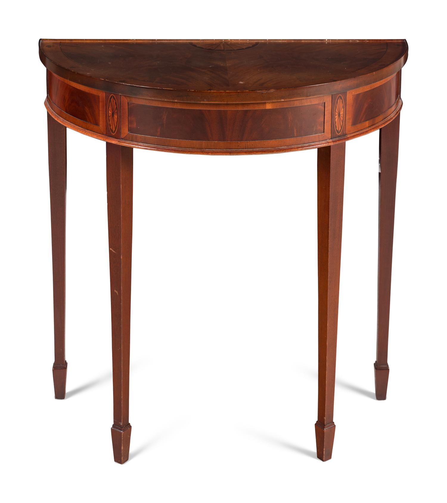 A George III Style Mahogany and Marquetry Demilune Table