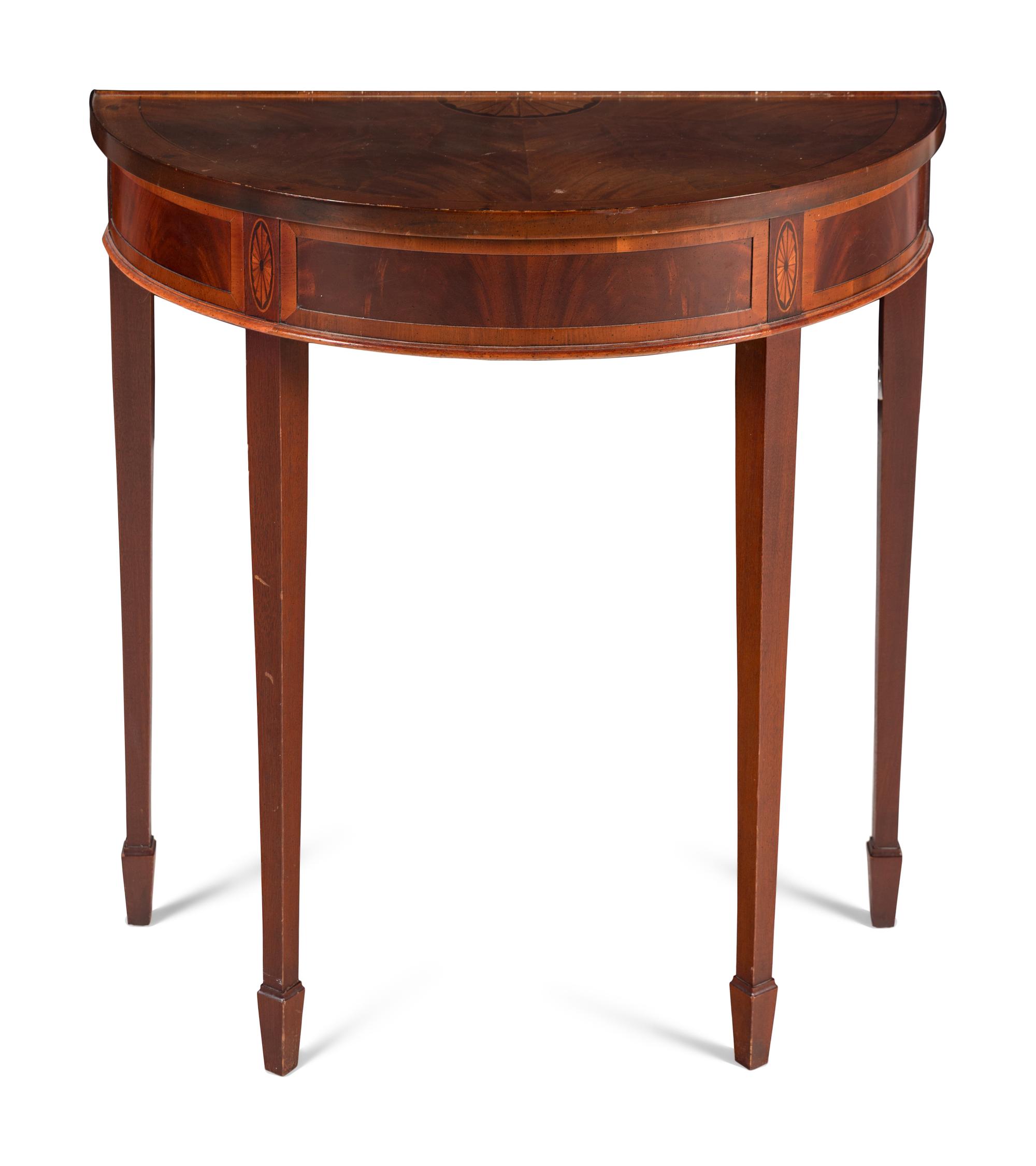 A George III Style Mahogany and Marquetry Demilune Table