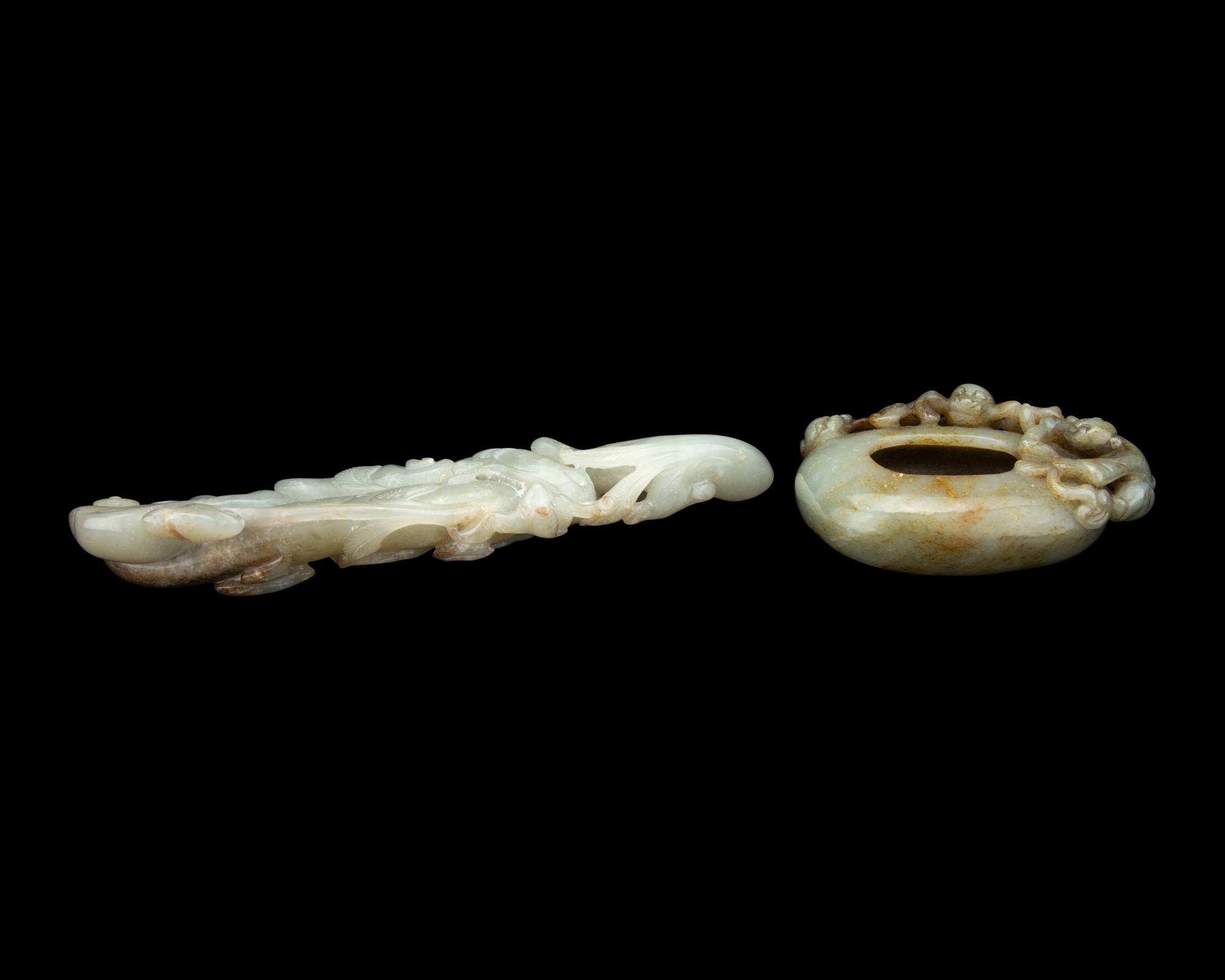 Two Chinese Carved Celadon Jade Scholar's Objects