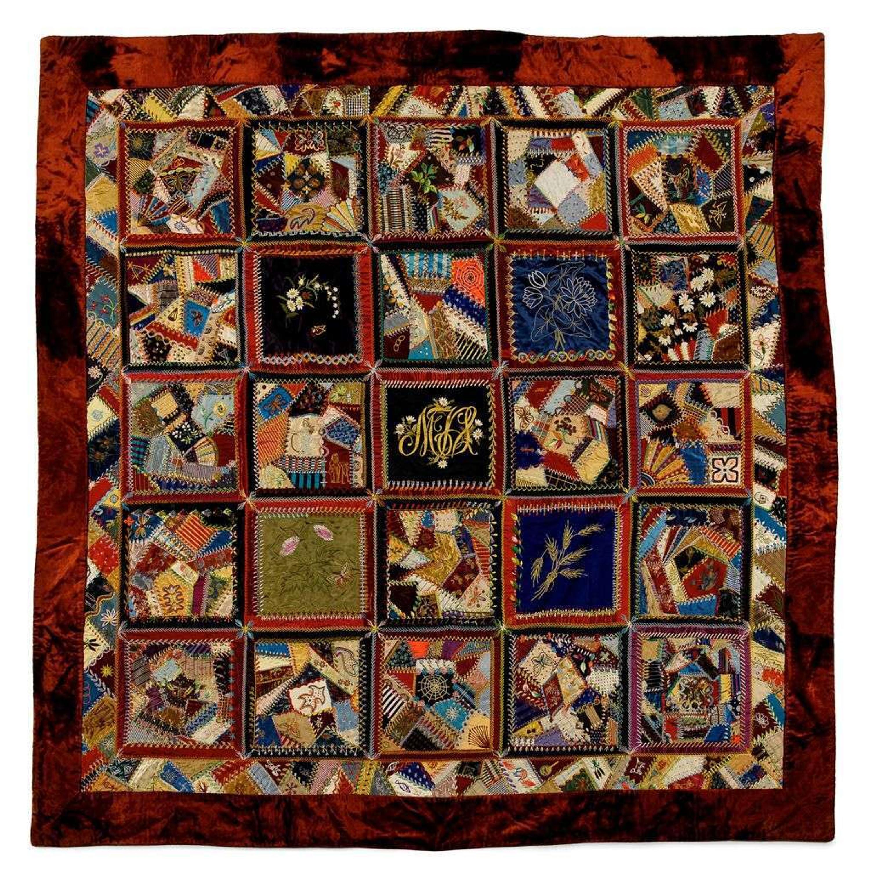 Embroidered and painted silk and velvet Crazy quilt probably new jersey, late 19th century