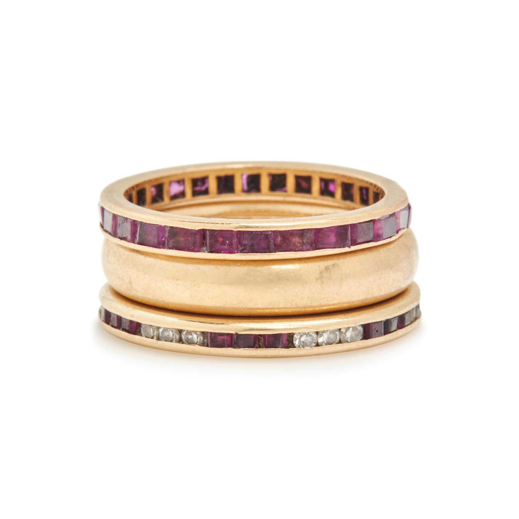 COLLECTION OF YELLOW GOLD, RUBY AND DIAMOND BANDS