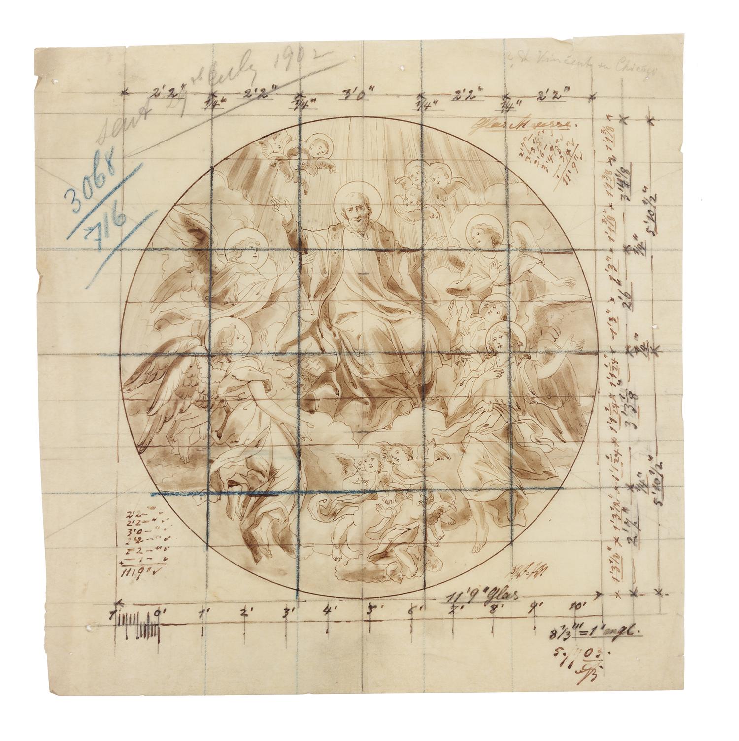 [ARCHITECTURE - STAINED GLASS]. A group of 15 stained glass designs on onionskin, unsigned.