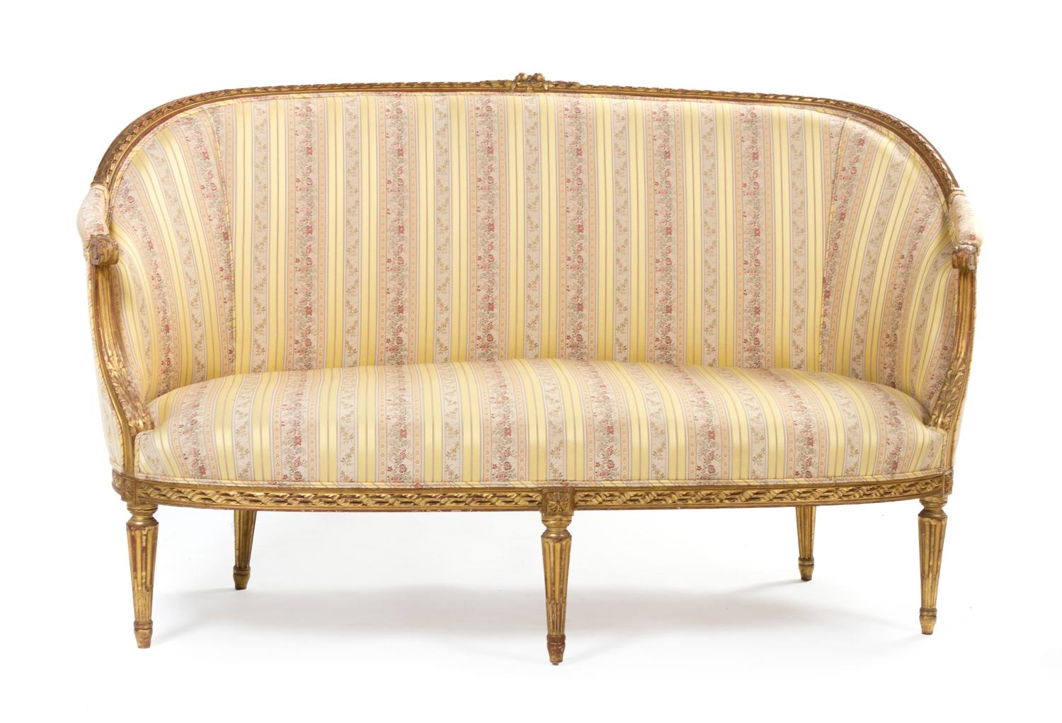 A Louis XVI Style Giltwood Parlor Suite, Width of canape 63 1/2 inches.