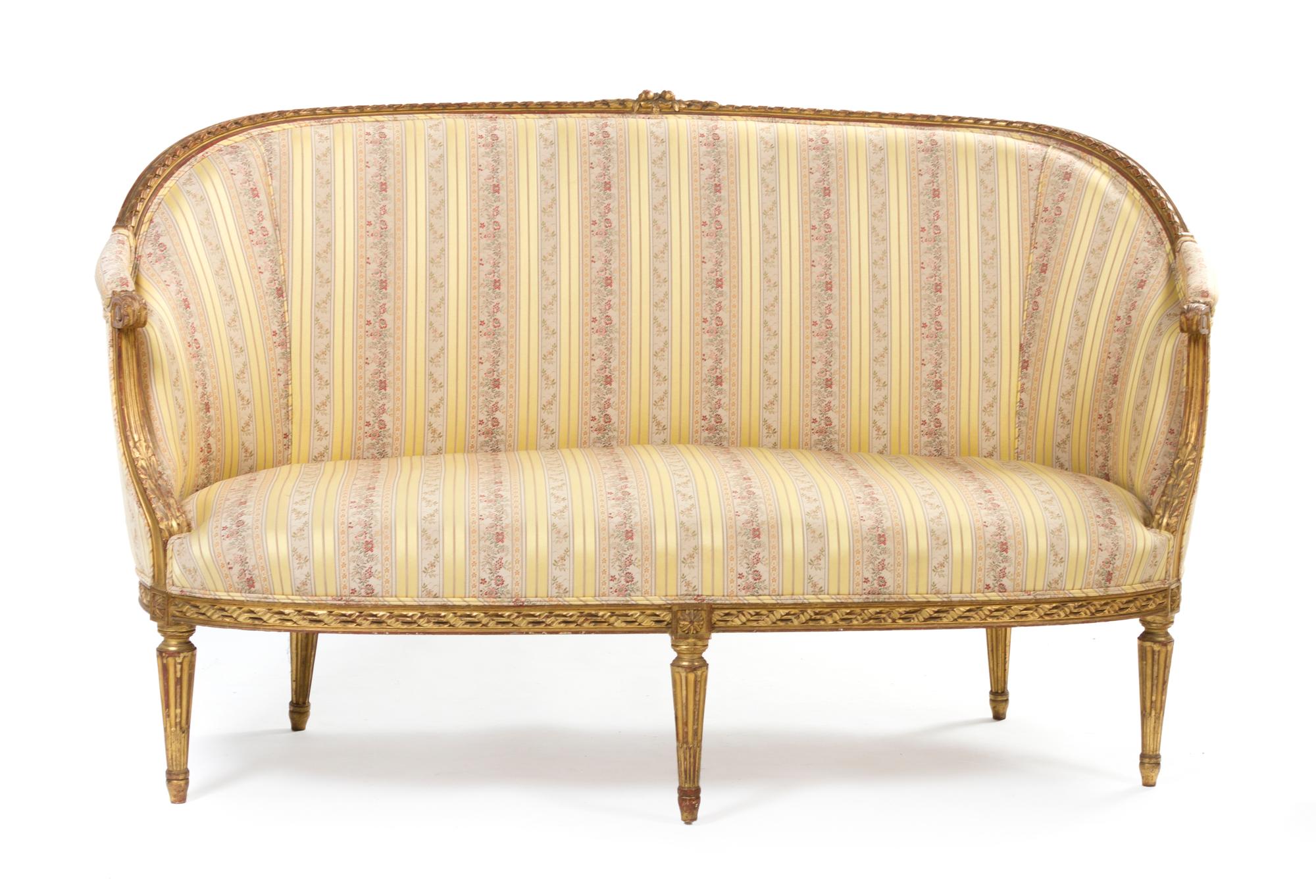 A Louis XVI Style Giltwood Parlor Suite, Width of canape 63 1/2 inches.