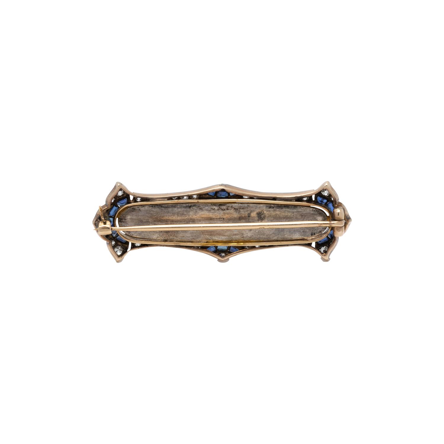 ANTIQUE, ETCHED GLASS, DIAMOND AND SAPPHIRE BROOCH