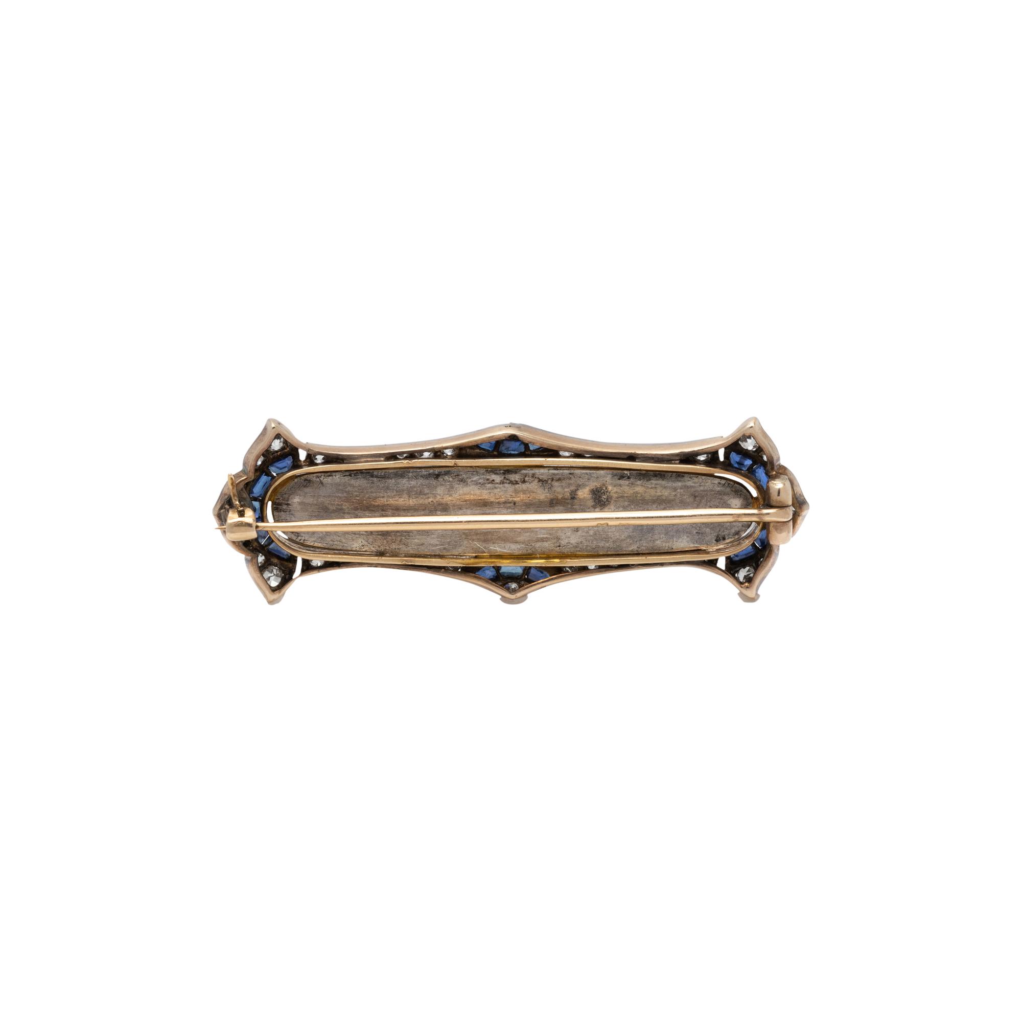 ANTIQUE, ETCHED GLASS, DIAMOND AND SAPPHIRE BROOCH