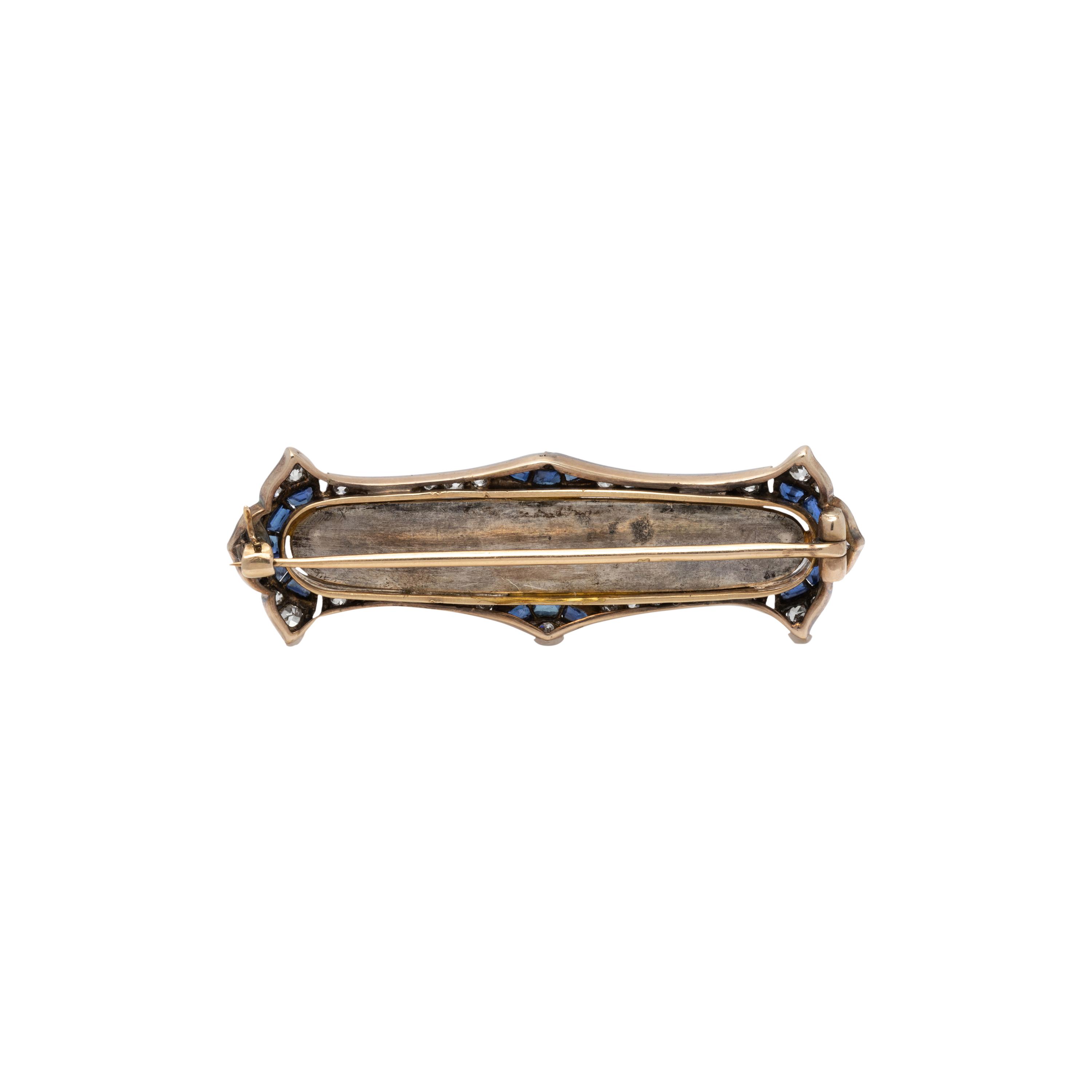 ANTIQUE, ETCHED GLASS, DIAMOND AND SAPPHIRE BROOCH