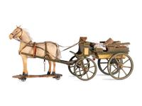 A Carved and Painted Wood Wagon with Stuffed Horse Pull Toy