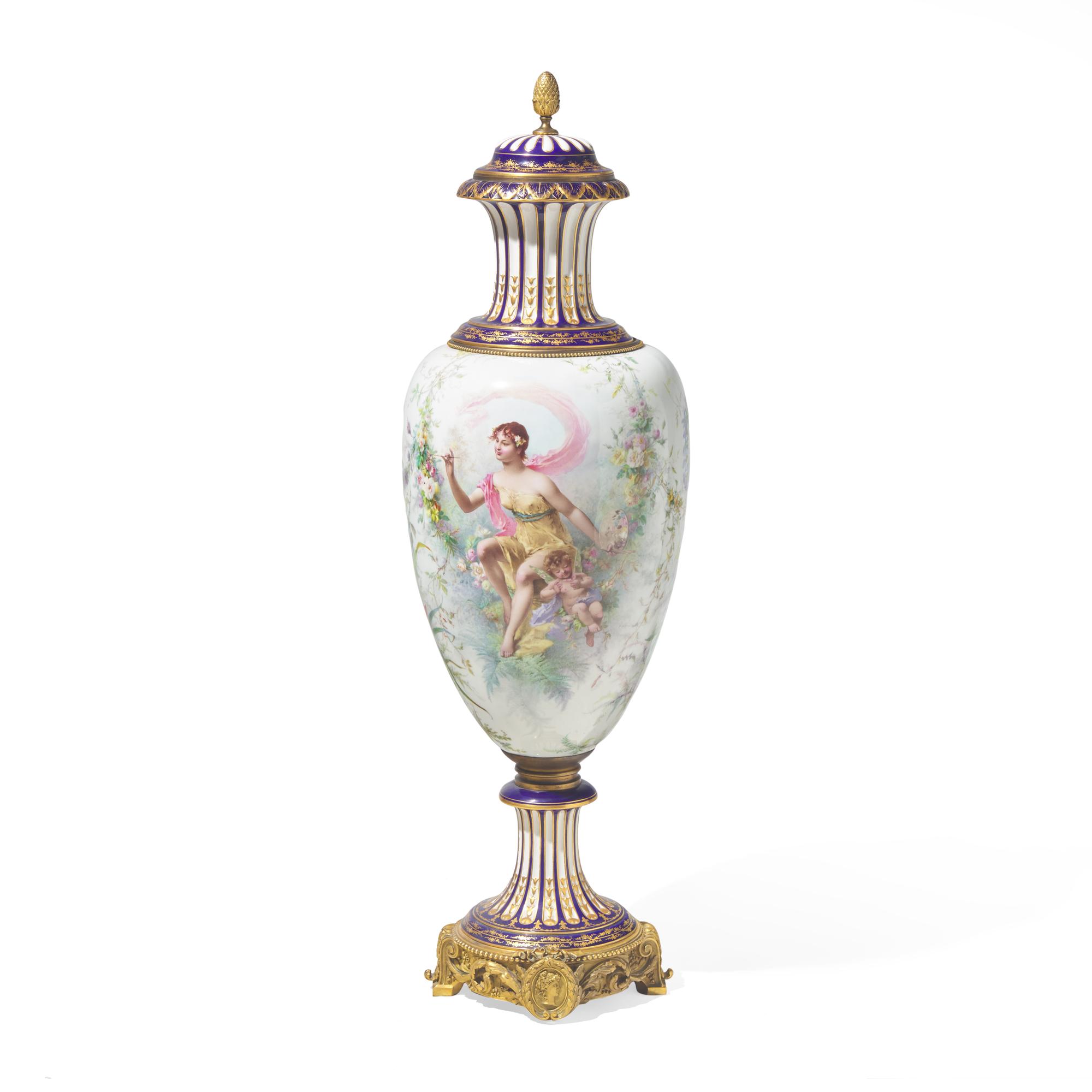 A Large Sévres White-Ground Porcelain and Gilt Bronze Mounted Urn