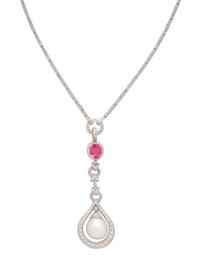 WHITE GOLD, CULTURED PEARL, PINK TOURMALINE, AND DIAMOND CONVERTIBLE NECKLACE